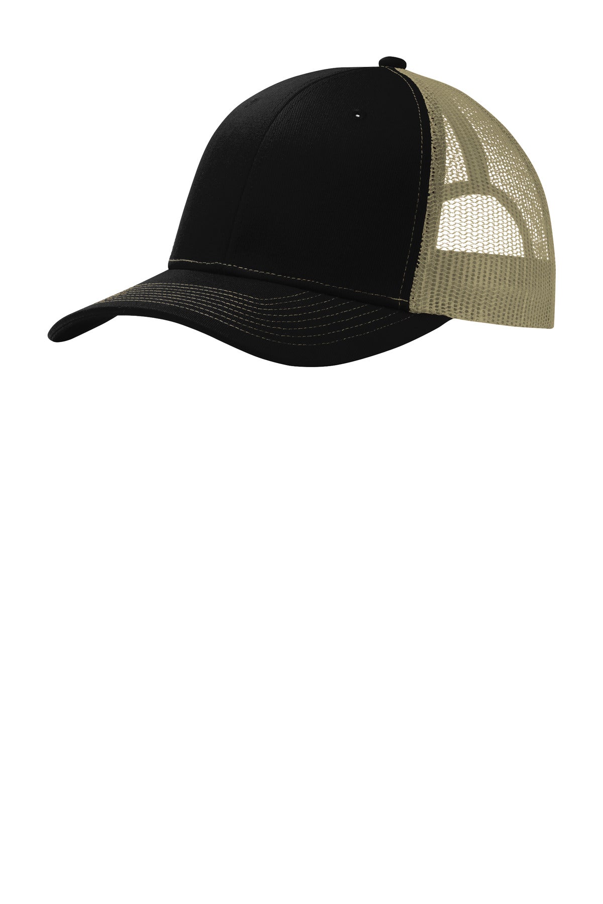 Black and tan Port Authority snapback trucker cap with flat front, adjustable snap closure, and mesh back for ventilation.