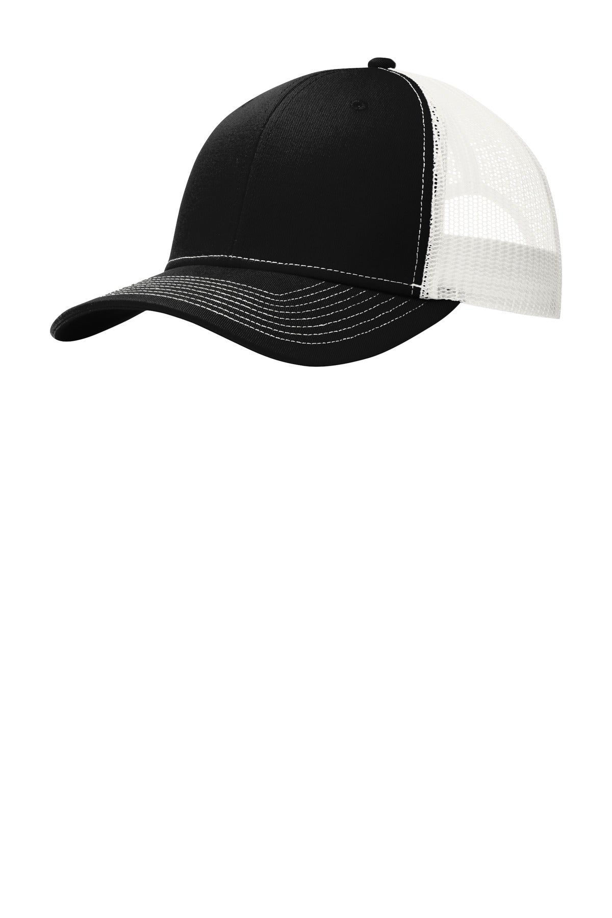 Port Authority Snapback Trucker Cap in black and white with front view, featuring a classic structured design and adjustable snap closure.