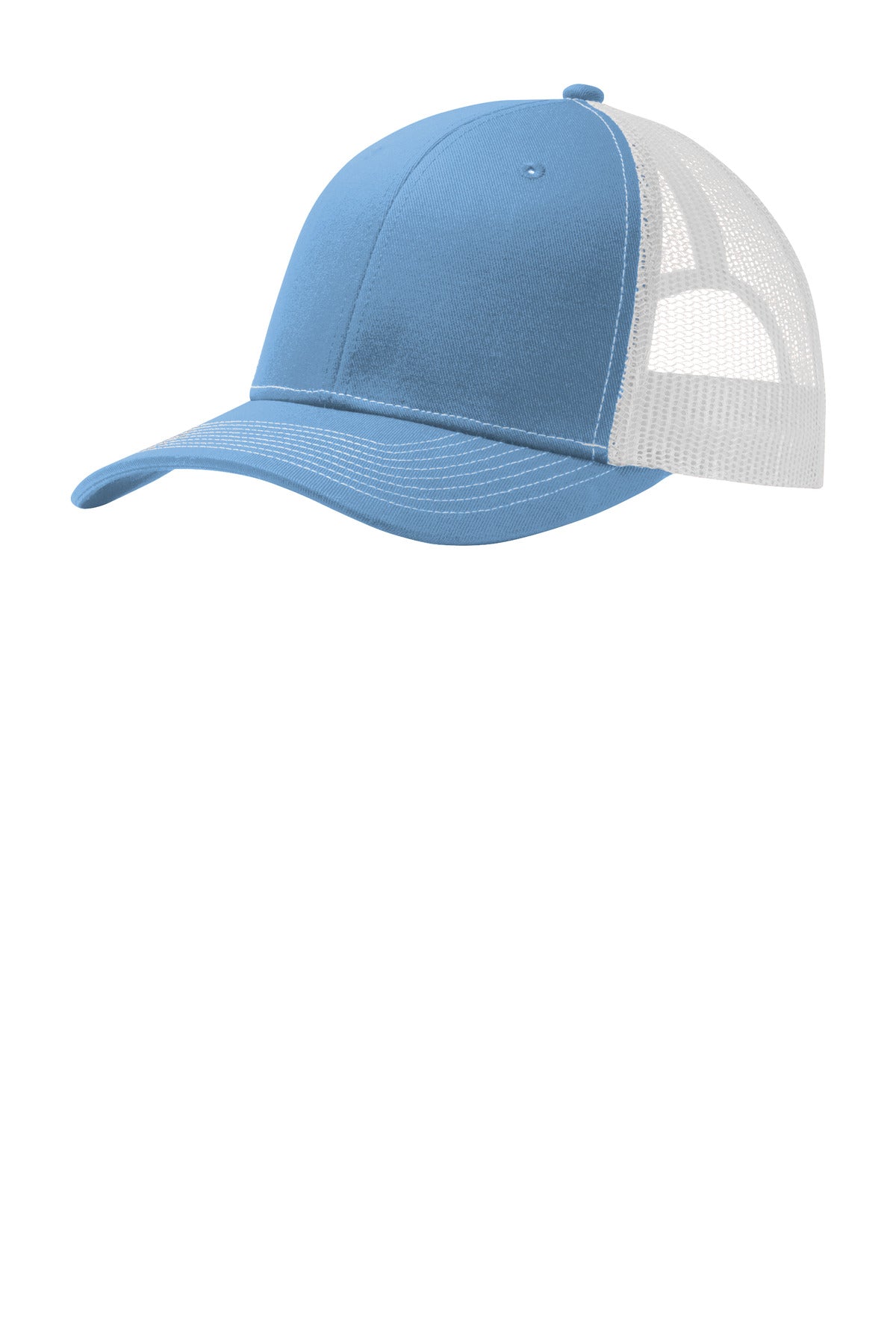 Port Authority® snapback trucker cap in Carolina blue and white with flat front, adjustable snap closure and structured design.