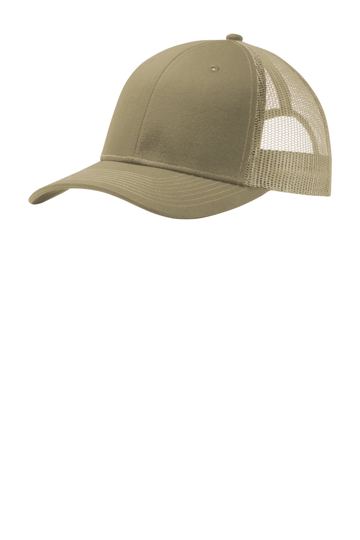 Coyote brown Port Authority snapback trucker cap with flat front panel and adjustable snap closure.