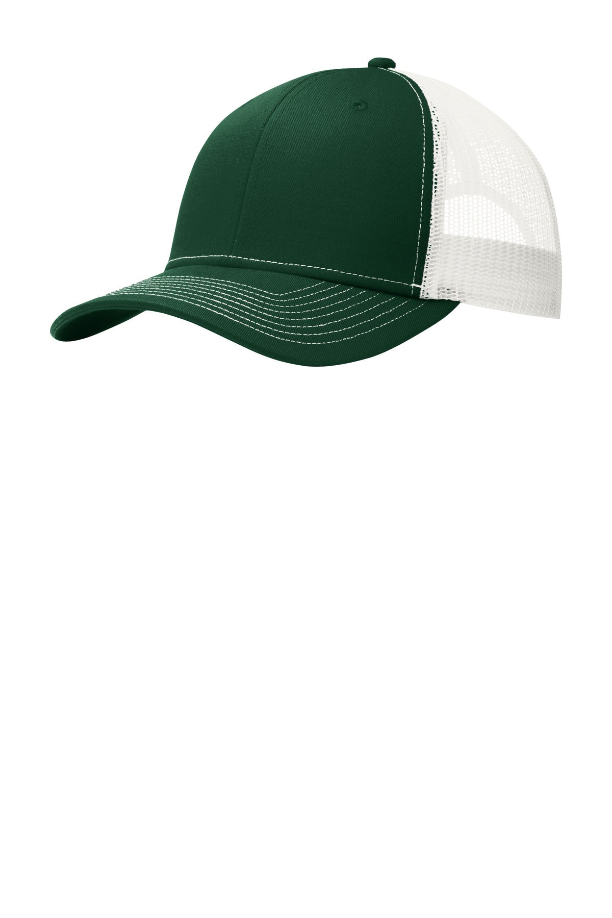 Port Authority ® snapback trucker cap in dark green and white, featuring a structured front panel and adjustable snap closure.