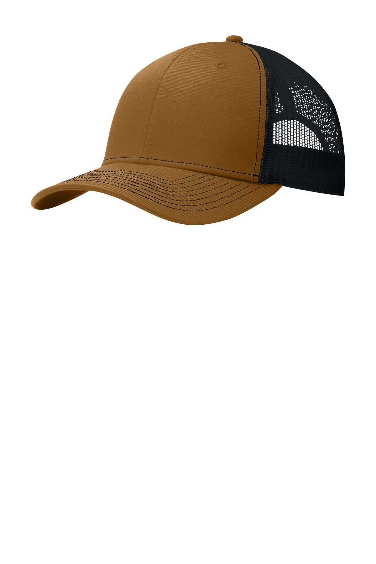 Port Authority snapback trucker cap in duck brown with black front panel, flat brim, displayed from the left side.