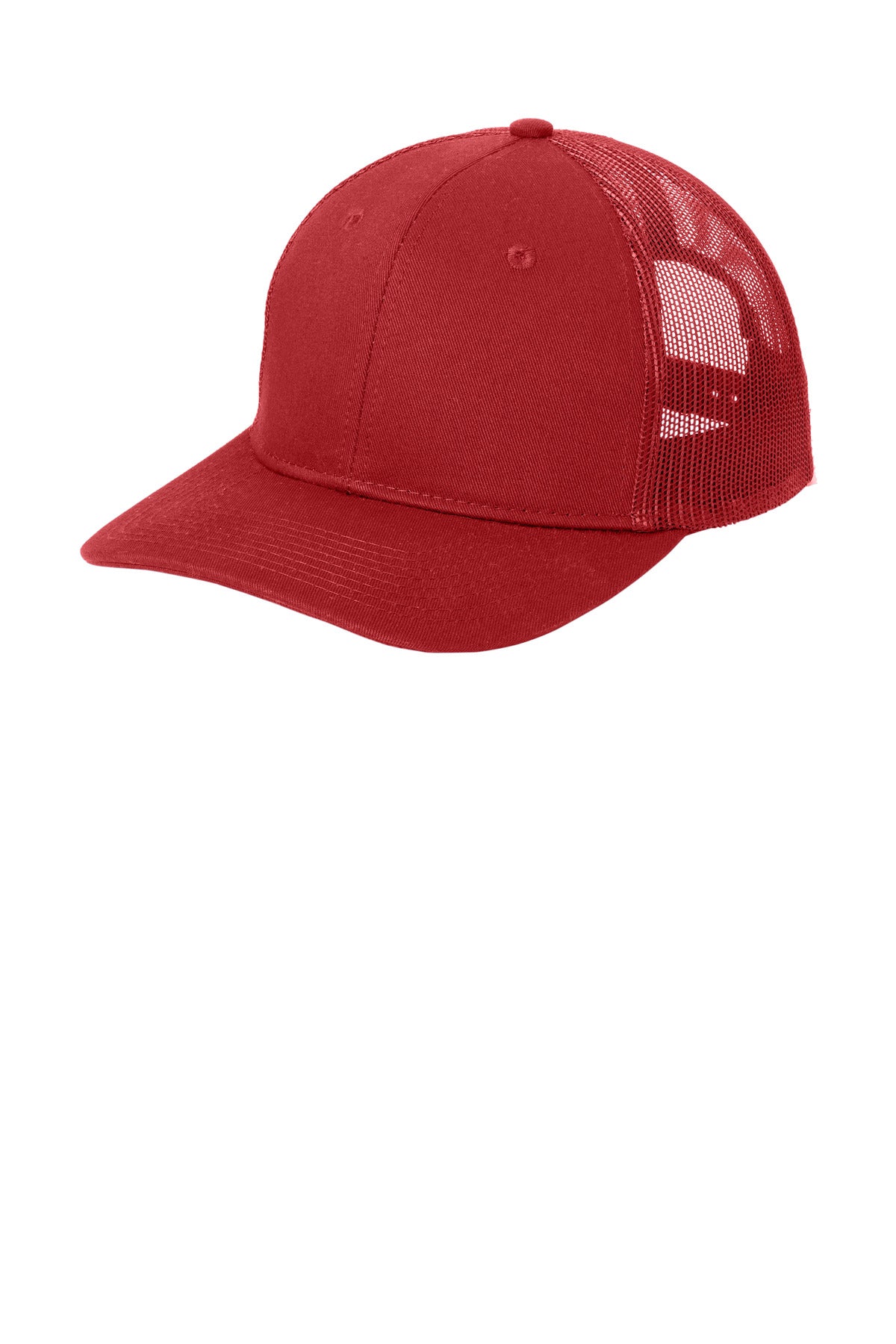 Red Port Authority snapback trucker cap with mesh back and flat brim, shown from the left side.