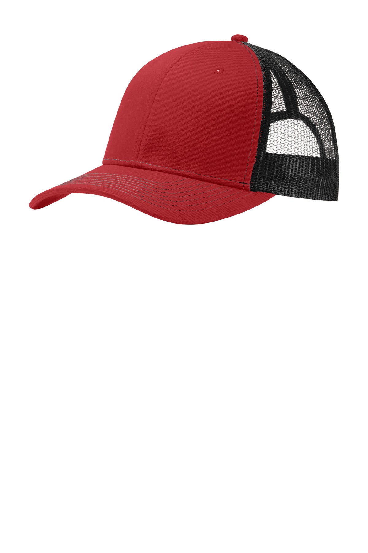 Port Authority snapback trucker cap in black with red flame design, front view showing adjustable snap closure and bold style.