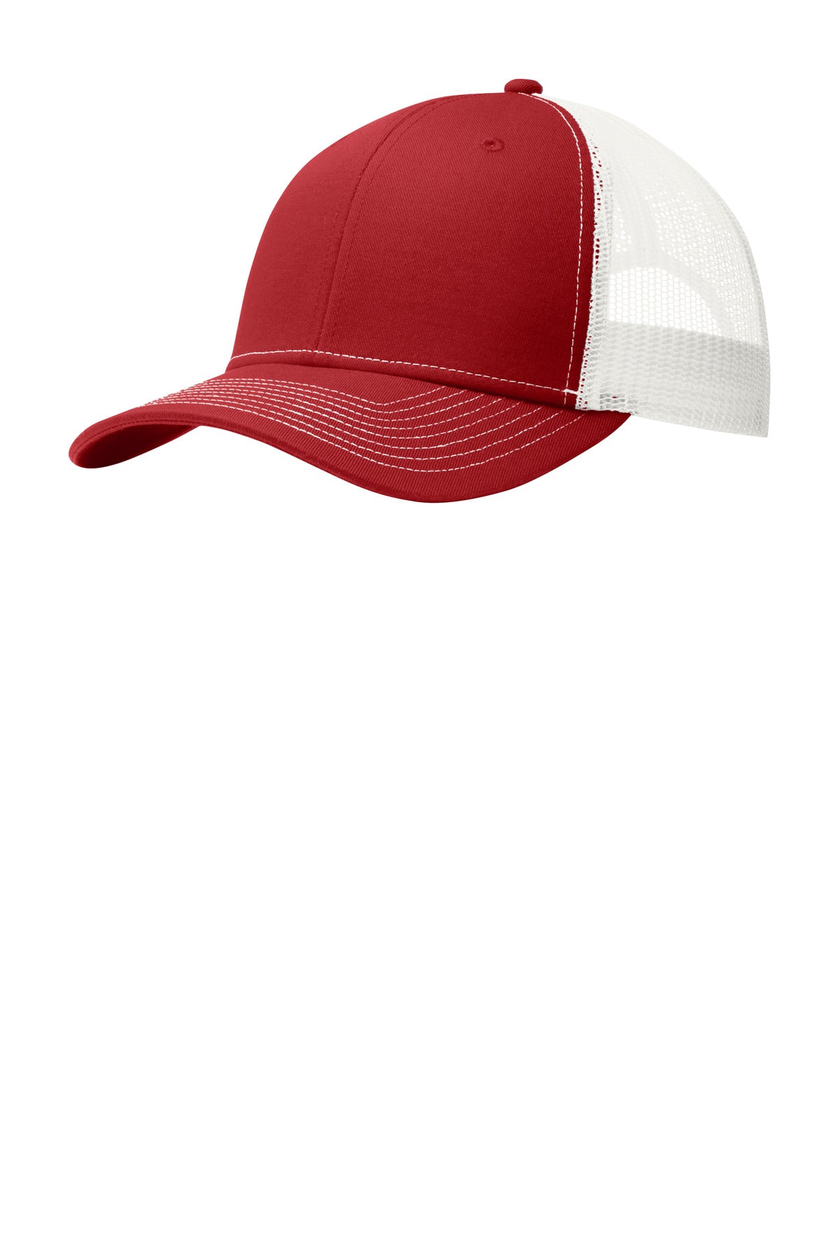 Port Authority snapback trucker cap in flame red and white with front logo embroidery, adjustable snap closure, casual outdoor style.