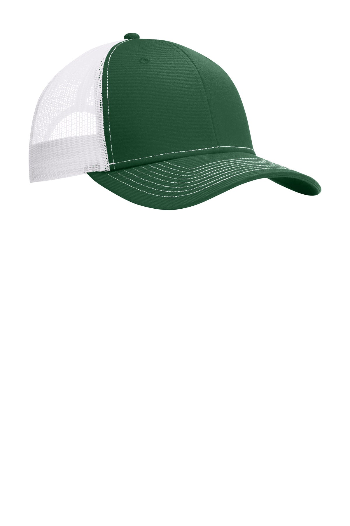 Port Authority® snapback trucker cap in forest green with white front panel, flat brim, and adjustable snapback closure.