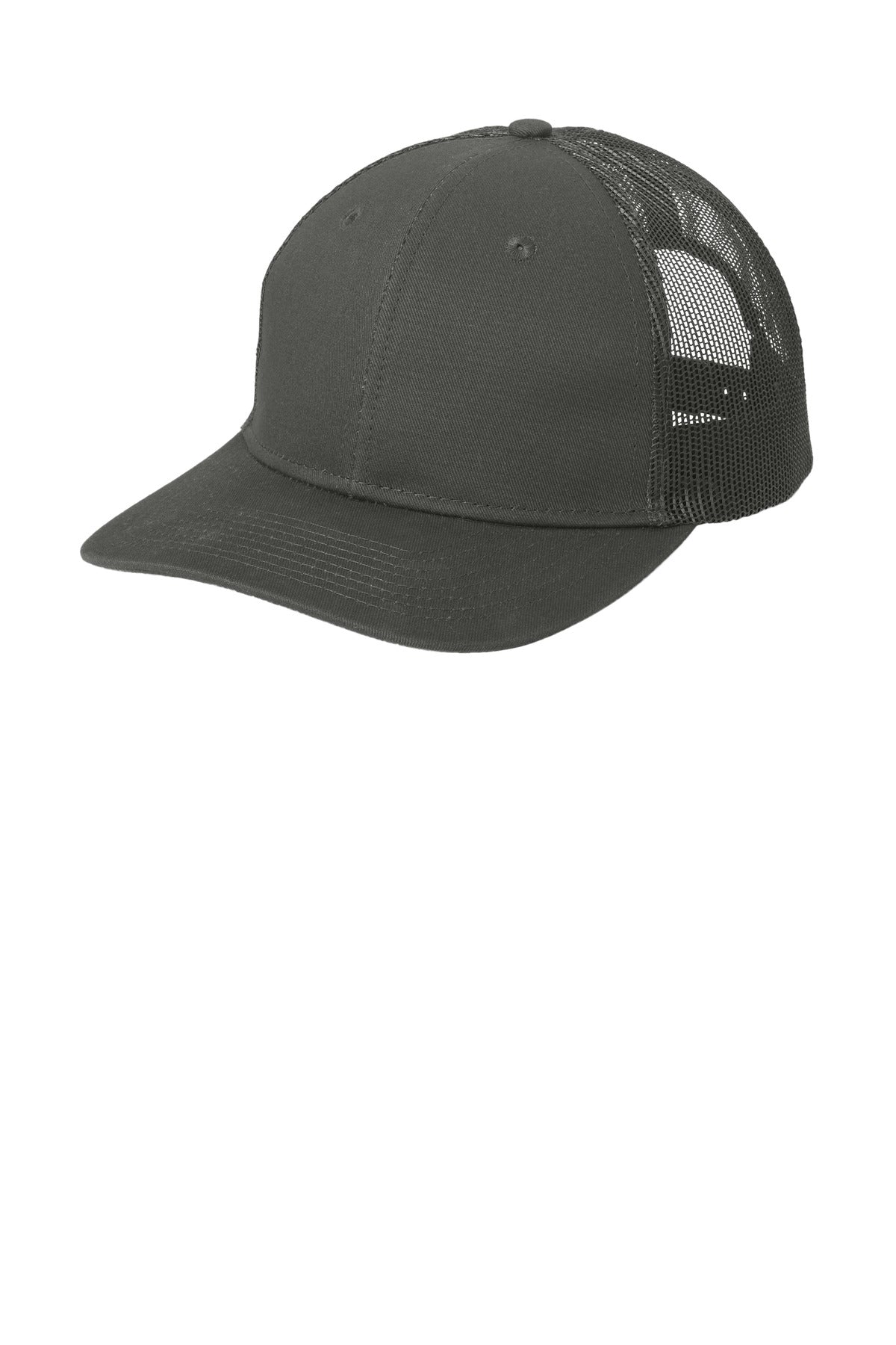 Port Authority ® Snapback Trucker Cap in grey steel, showing the hat from the left side with adjustable snapback closure.