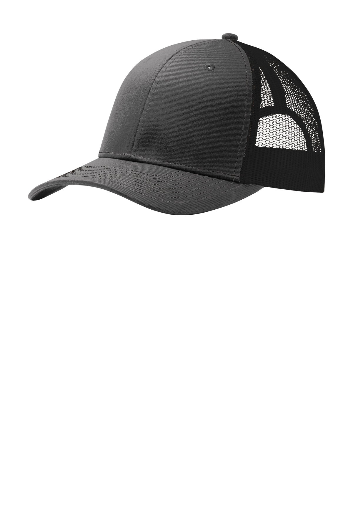 Port Authority® snapback trucker cap in grey steel and black with flat front, adjustable snap closure, and structured design.