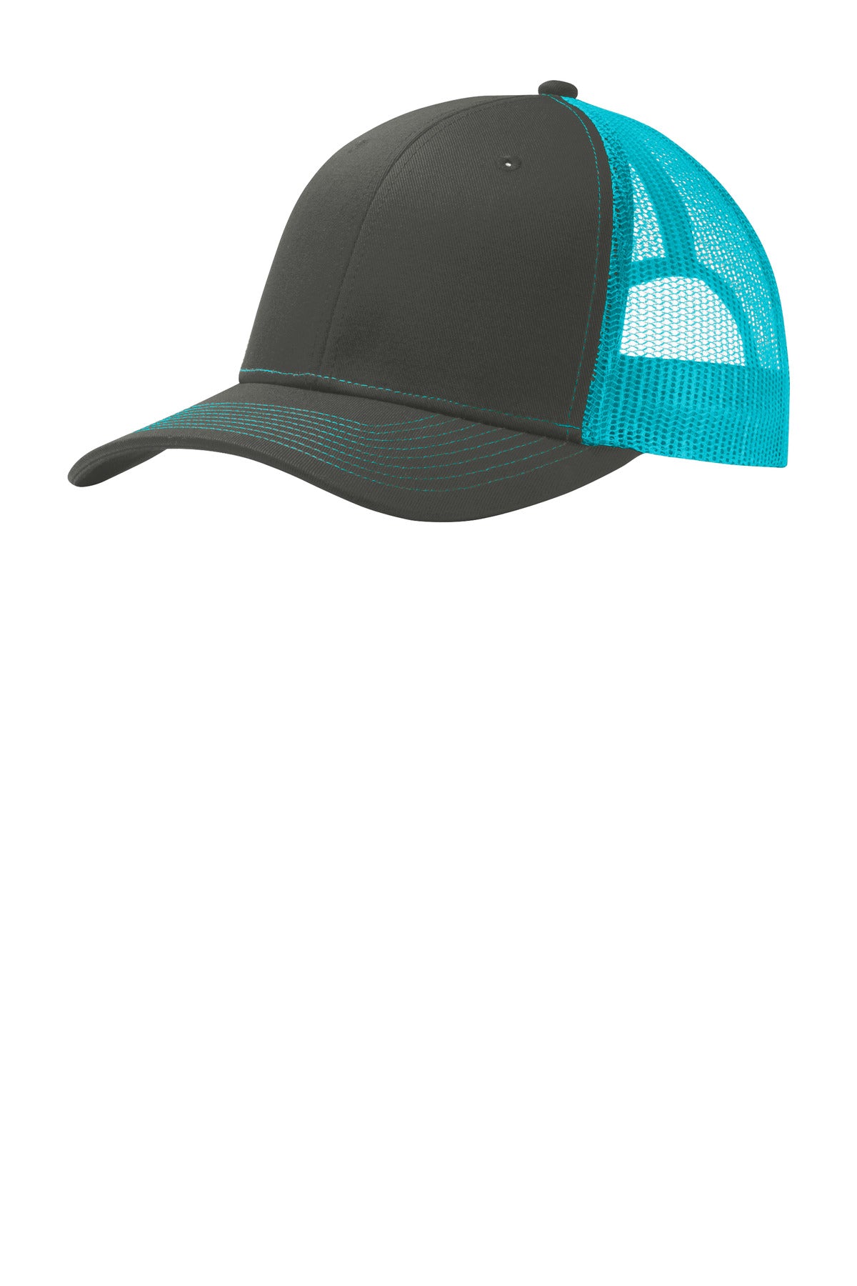 Port Authority snapback trucker cap in grey steel with neon blue flat front, adjustable snapback closure, and mesh back for ventilation.
