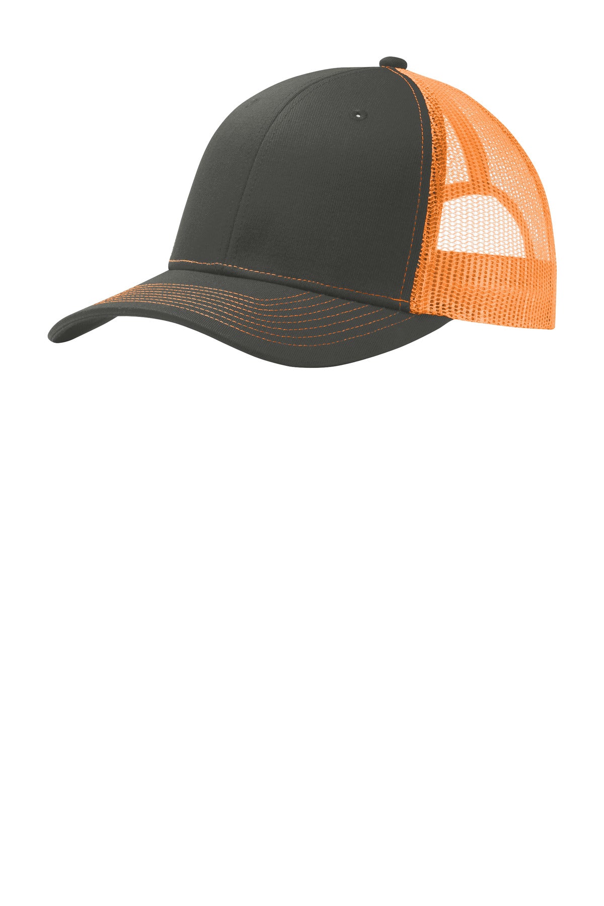 Port Authority snapback trucker cap in grey steel with neon orange front panel, adjustable snap closure, and structured crown.