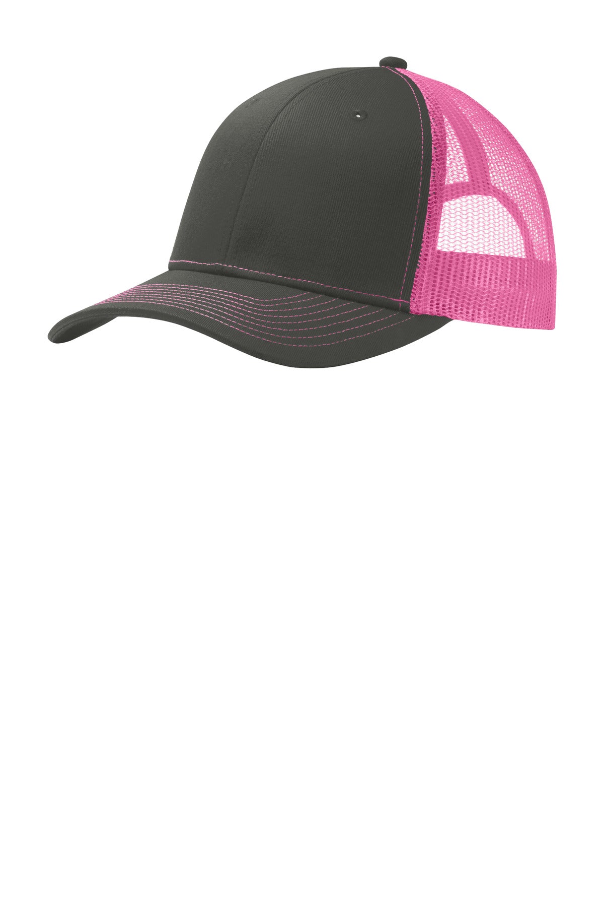 Port Authority Snapback Trucker Cap in grey steel with neon pink front panel, adjustable snap closure, and curved brim.