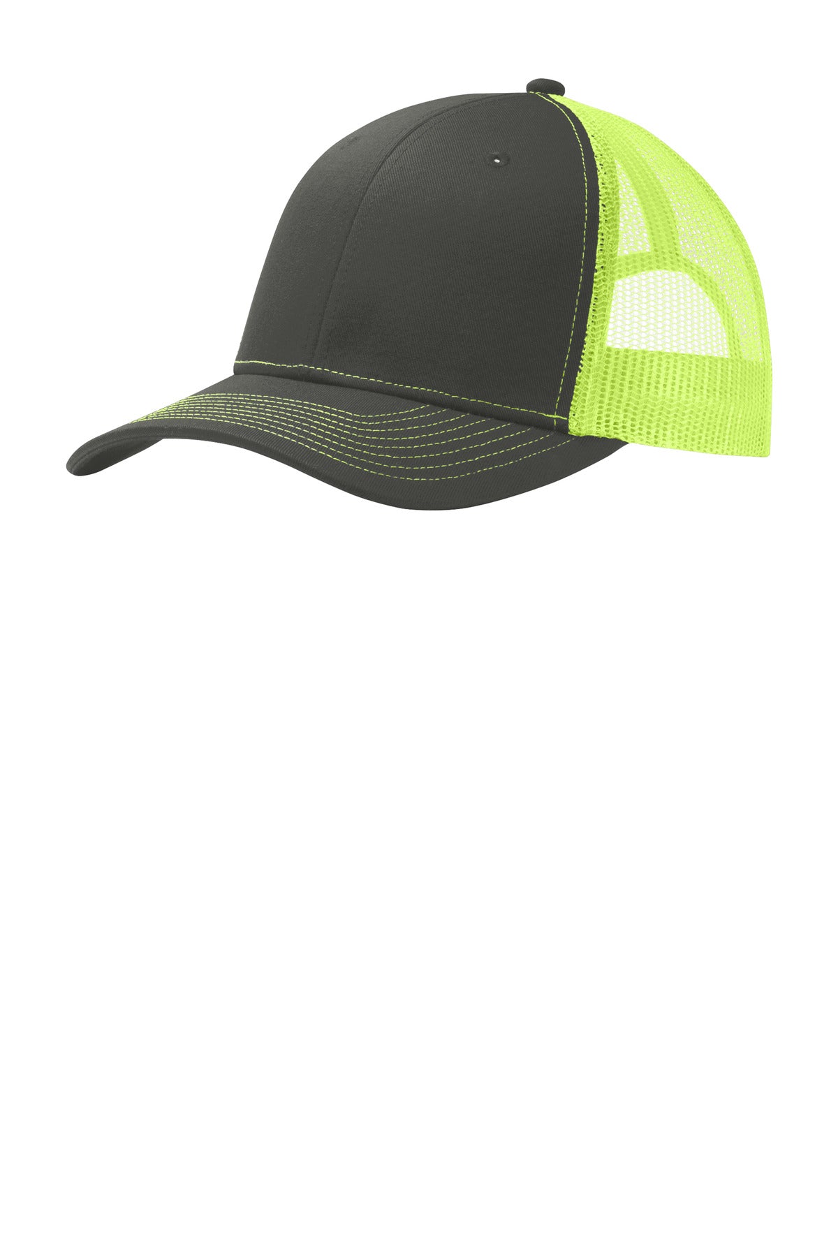 Port Authority snapback trucker cap in grey steel with neon yellow front panel, adjustable snap closure, and structured crown.
