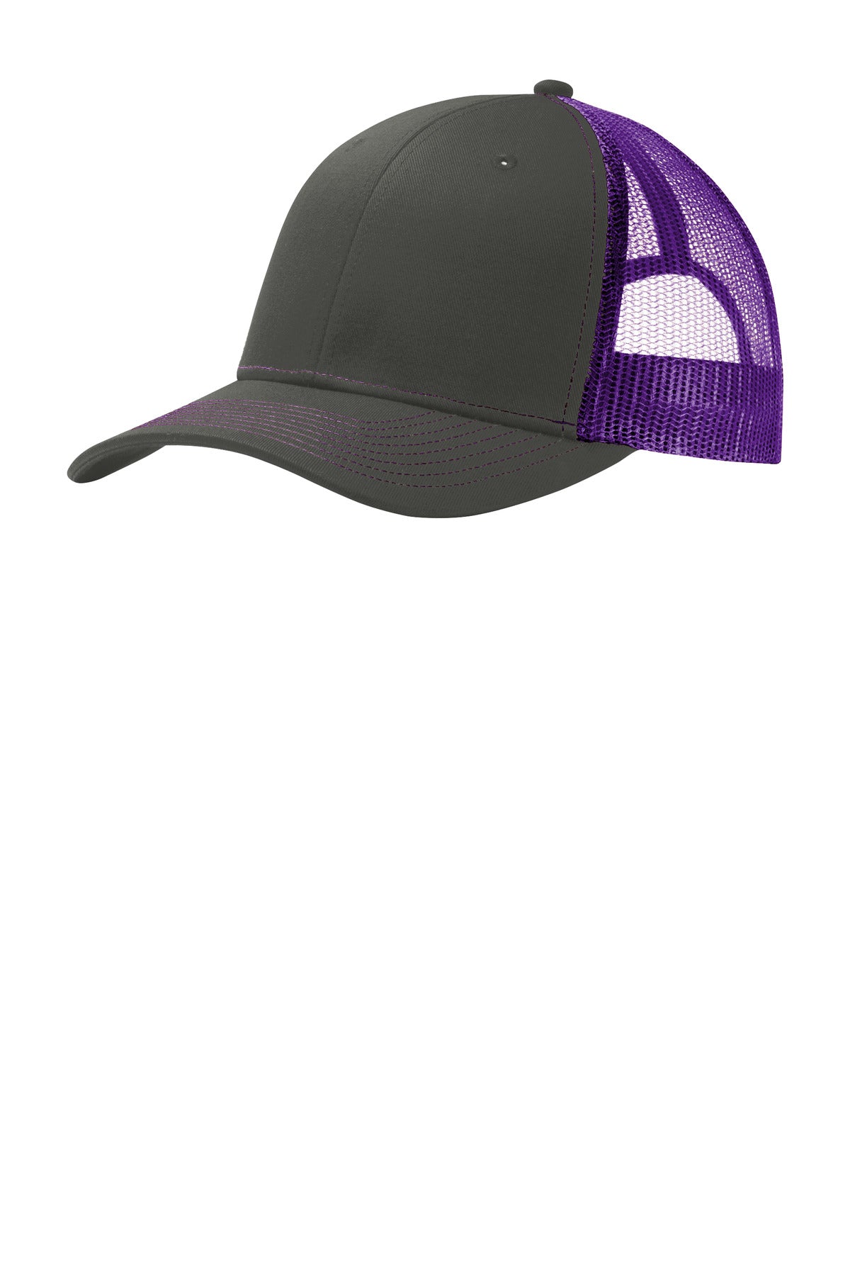 Port Authority snapback trucker cap in grey steel and purple with a flat front, adjustable snap closure, and mesh back panels.