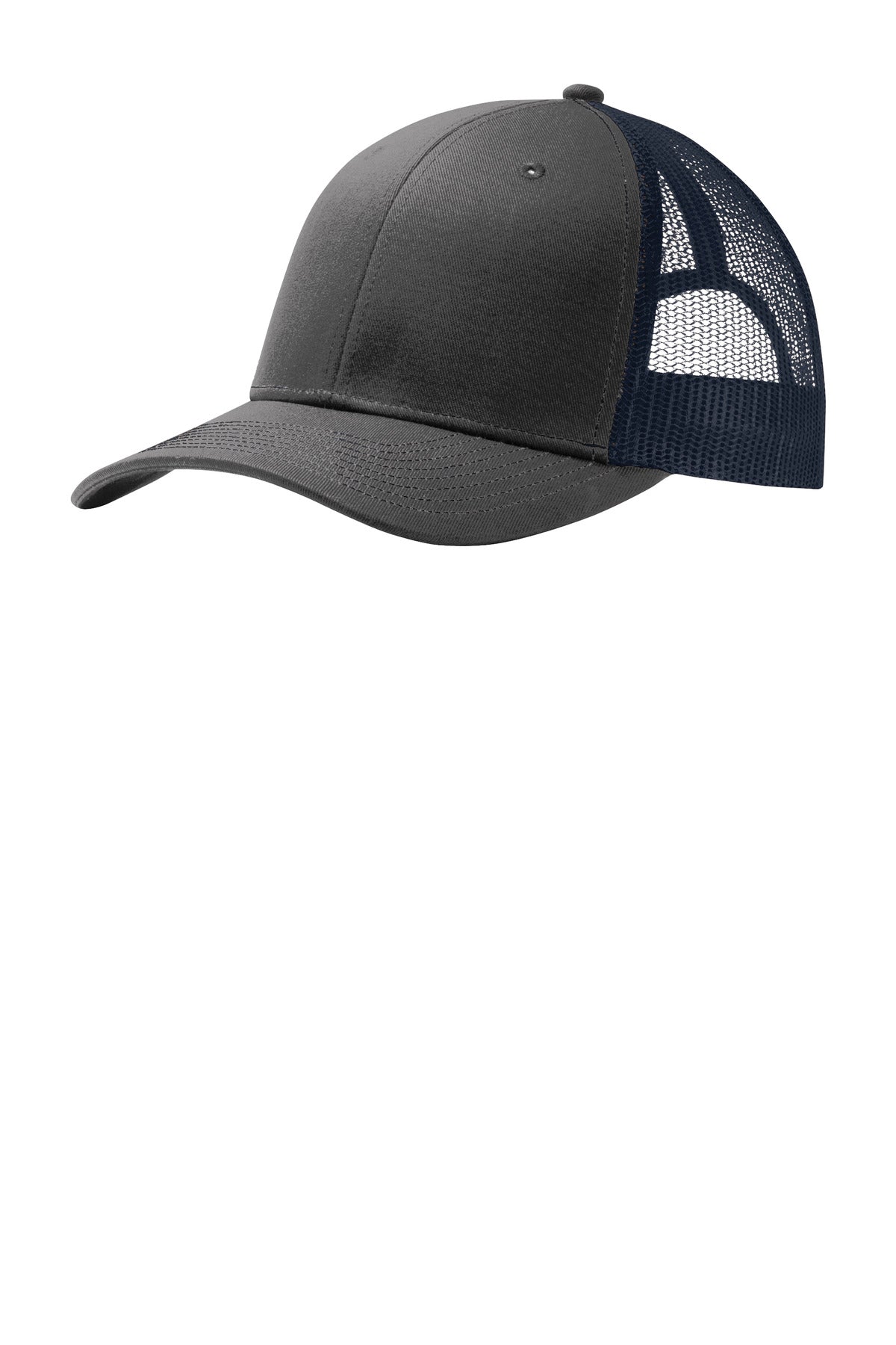 Port Authority snapback trucker cap in grey steel and true navy with flat front, adjustable snapback closure, and mesh back panels.