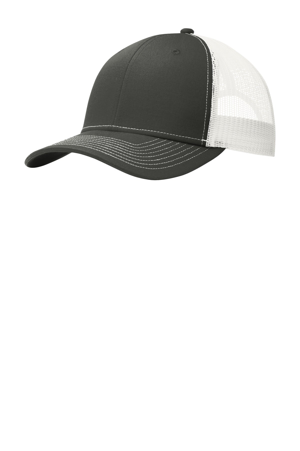 Port Authority snapback trucker cap in grey steel and white with front panel and adjustable snap closure.