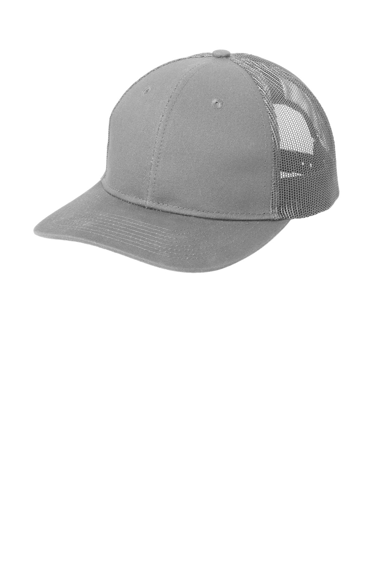 Port Authority snapback trucker cap in gusty grey with structured crown and flat brim, shown from the left side.