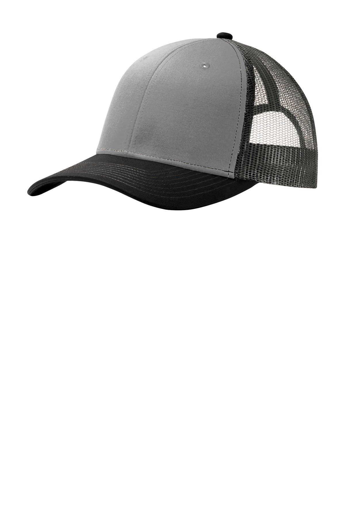 Port Authority snapback trucker cap in grey and black with a flat front, featuring a structured design and adjustable snap closure.