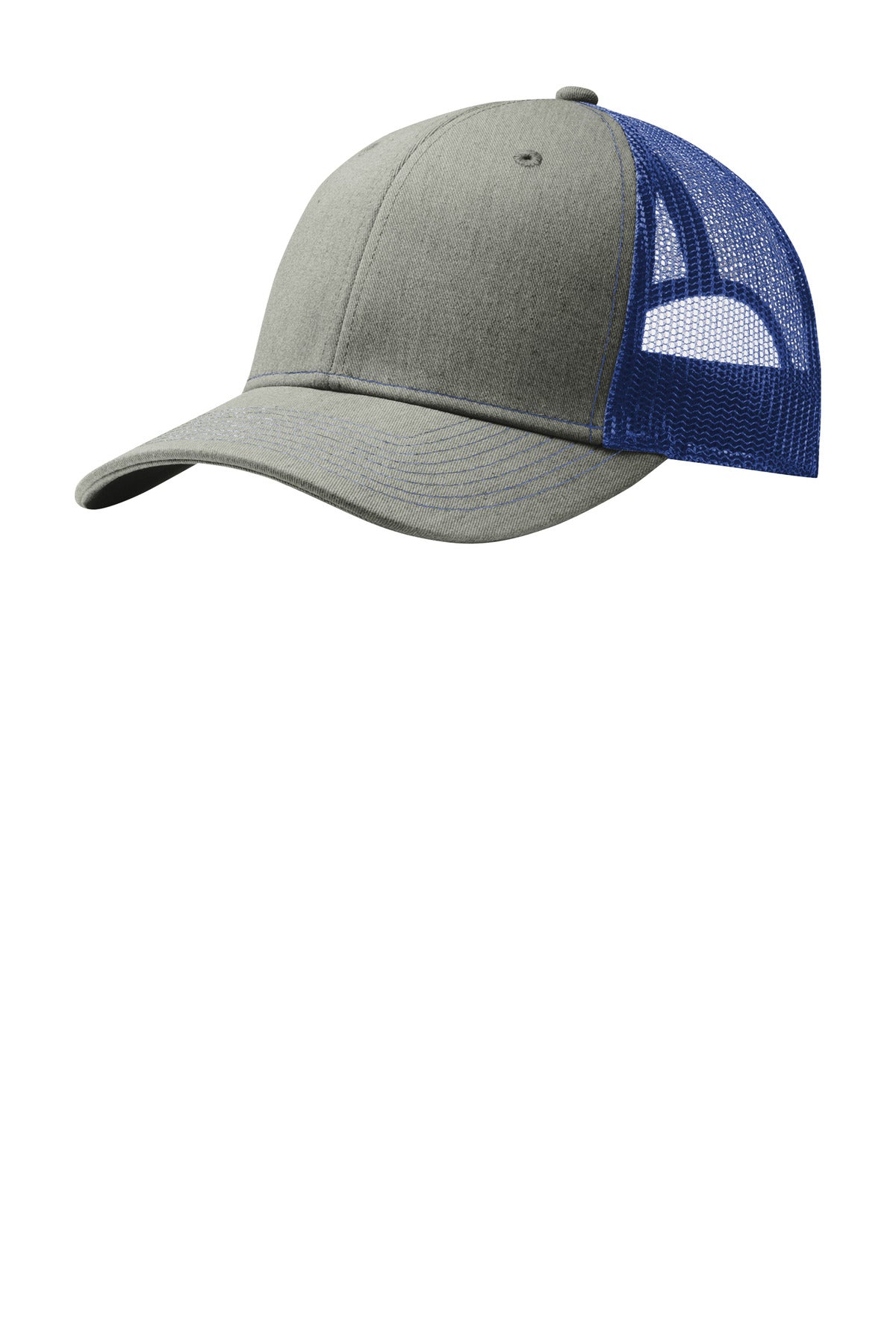 Port Authority snapback trucker cap in heather grey and patriot blue with flat front design, adjustable snap closure.