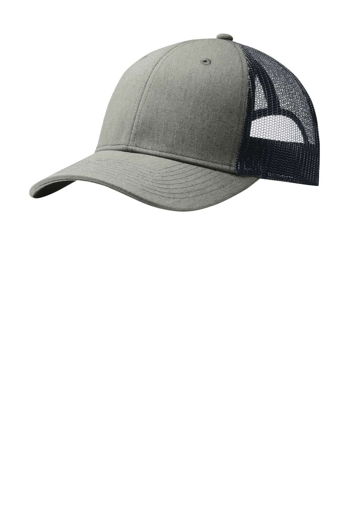 Port Authority snapback trucker cap in heather gray and navy with flat front, adjustable snap closure, and mesh back for ventilation.