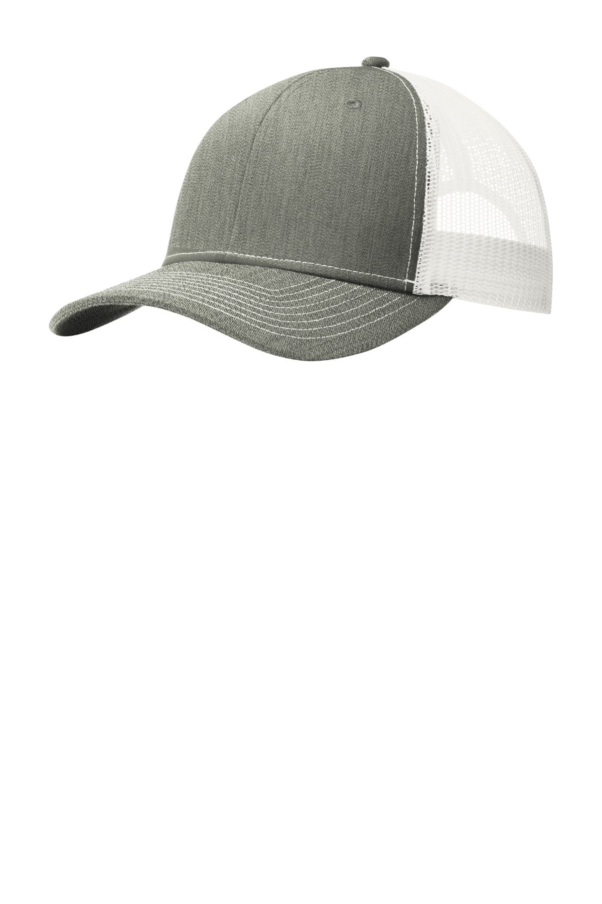 Port Authority snapback trucker cap in heather grey with a white front panel, featuring a flat brim and adjustable snapback closure.
