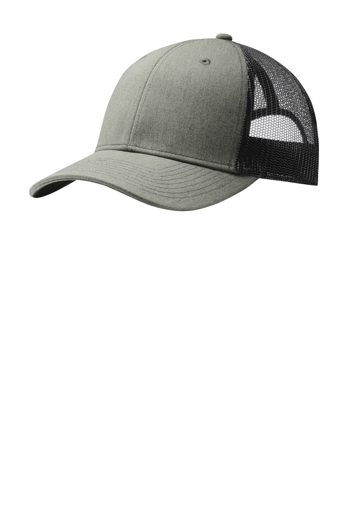 Port Authority ® snapback trucker cap in heather grey and black, front view showing adjustable snap closure and structured crown.