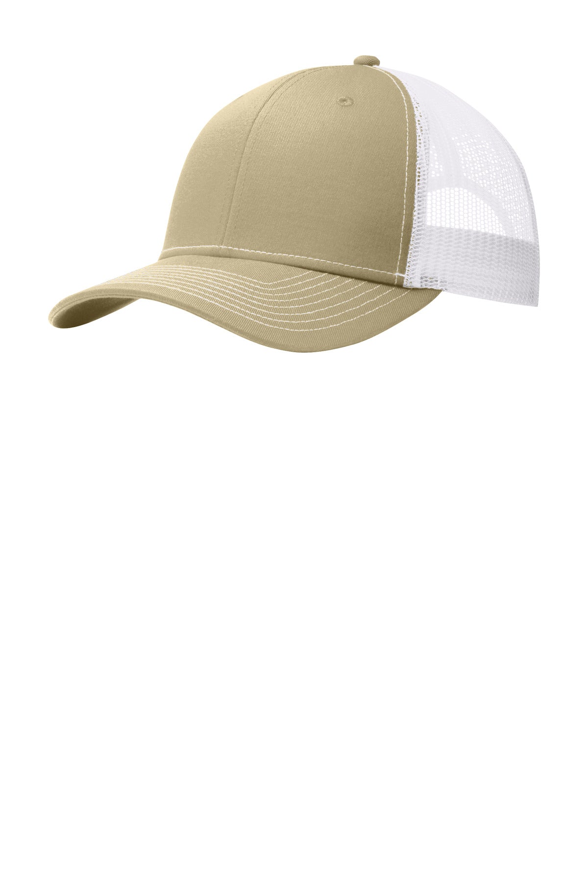 Light khaki Port Authority snapback trucker cap with white front panel and flat brim, shown from the left side.