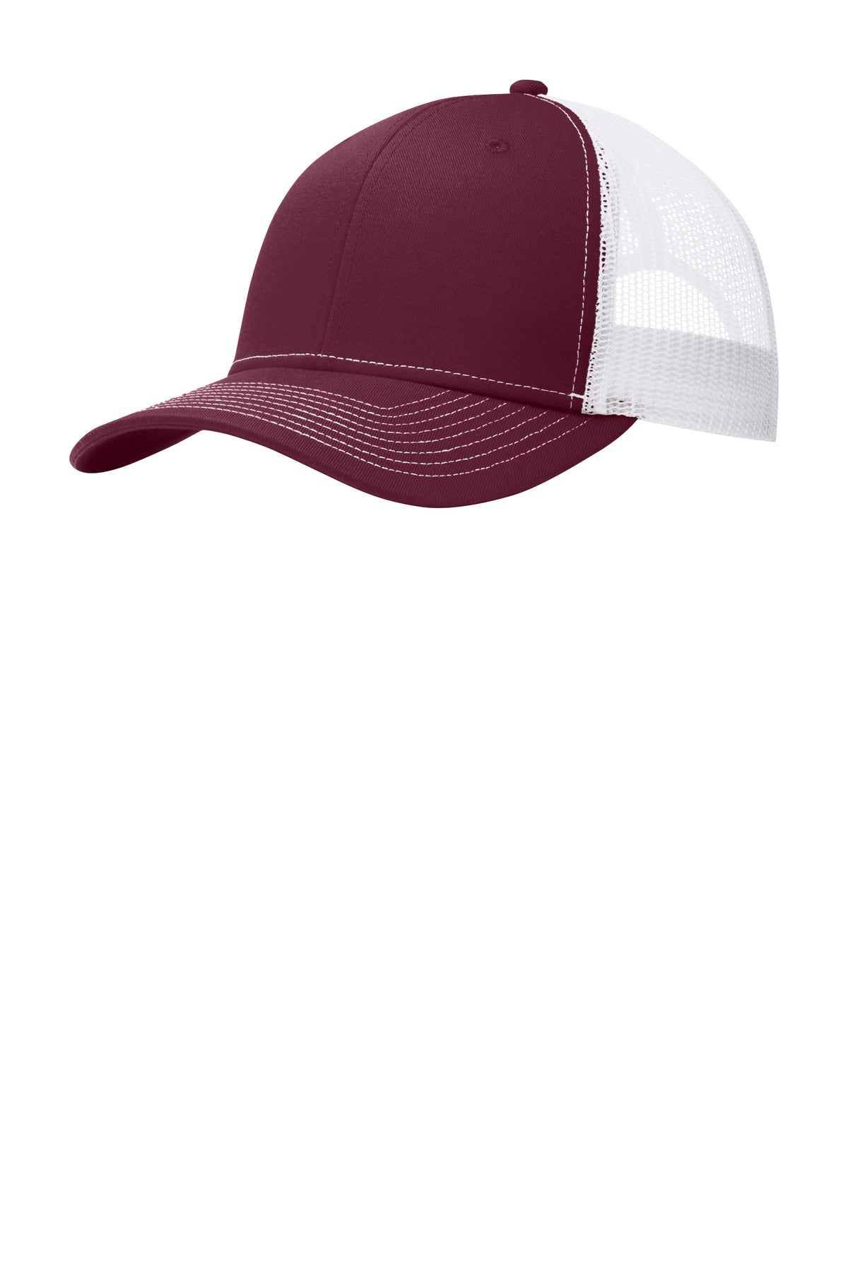 Maroon and white Port Authority® snapback trucker cap with flat brim, displayed from the left side.