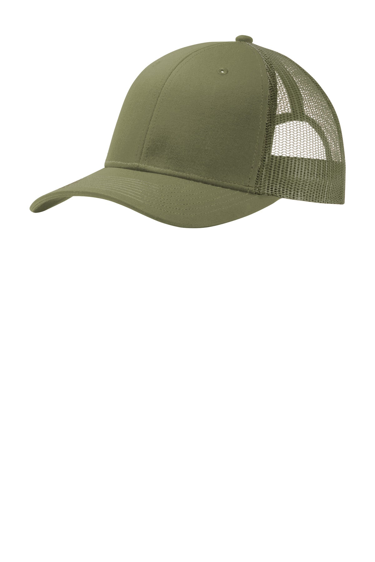 Olive green Port Authority® Snapback Trucker Cap with flat front, adjustable snap closure, and curved brim.