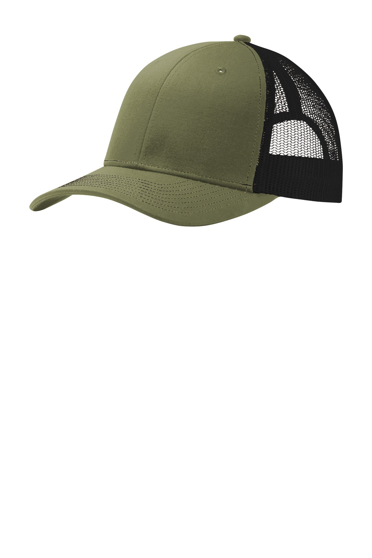 Port Authority snapback trucker cap in olive drab green with black mesh, flat front, adjustable snap closure.