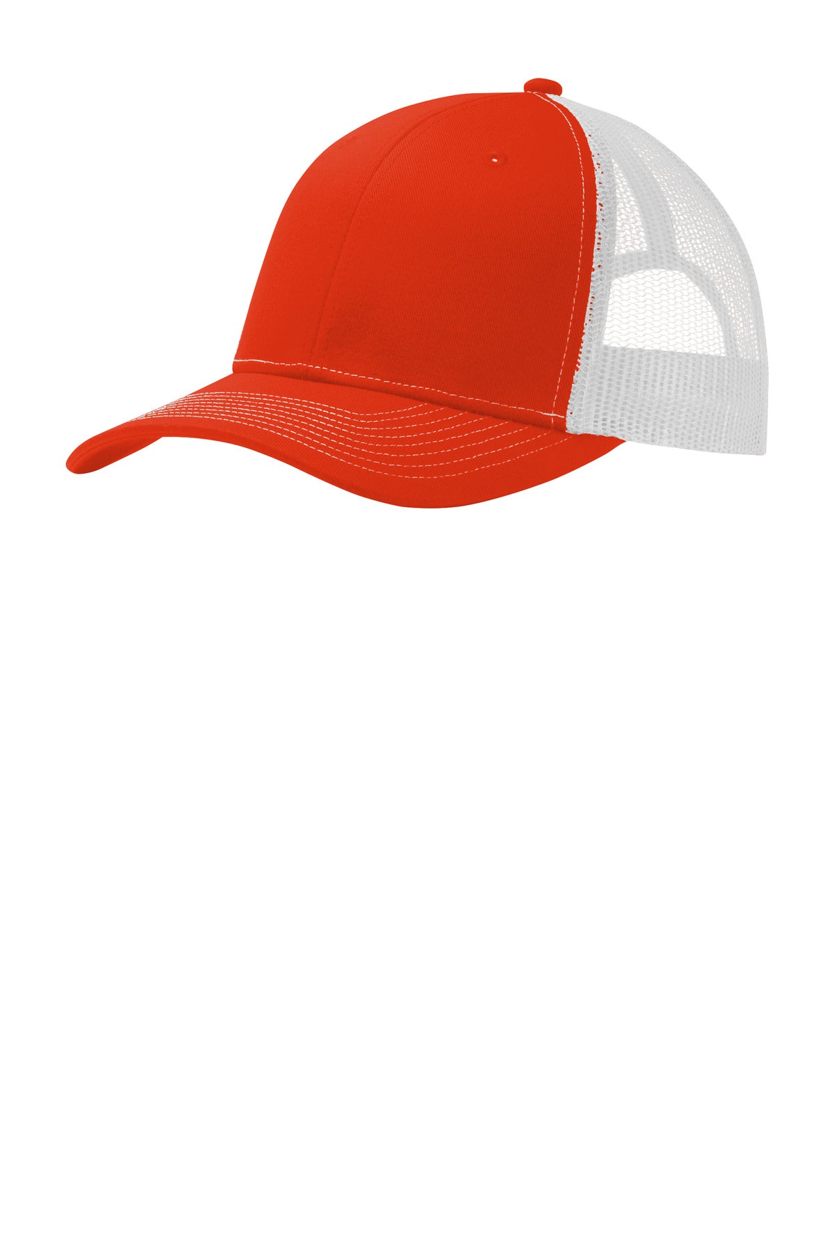 Port Authority snapback trucker cap with orange and white flat front, adjustable snap closure, and breathable mesh back.