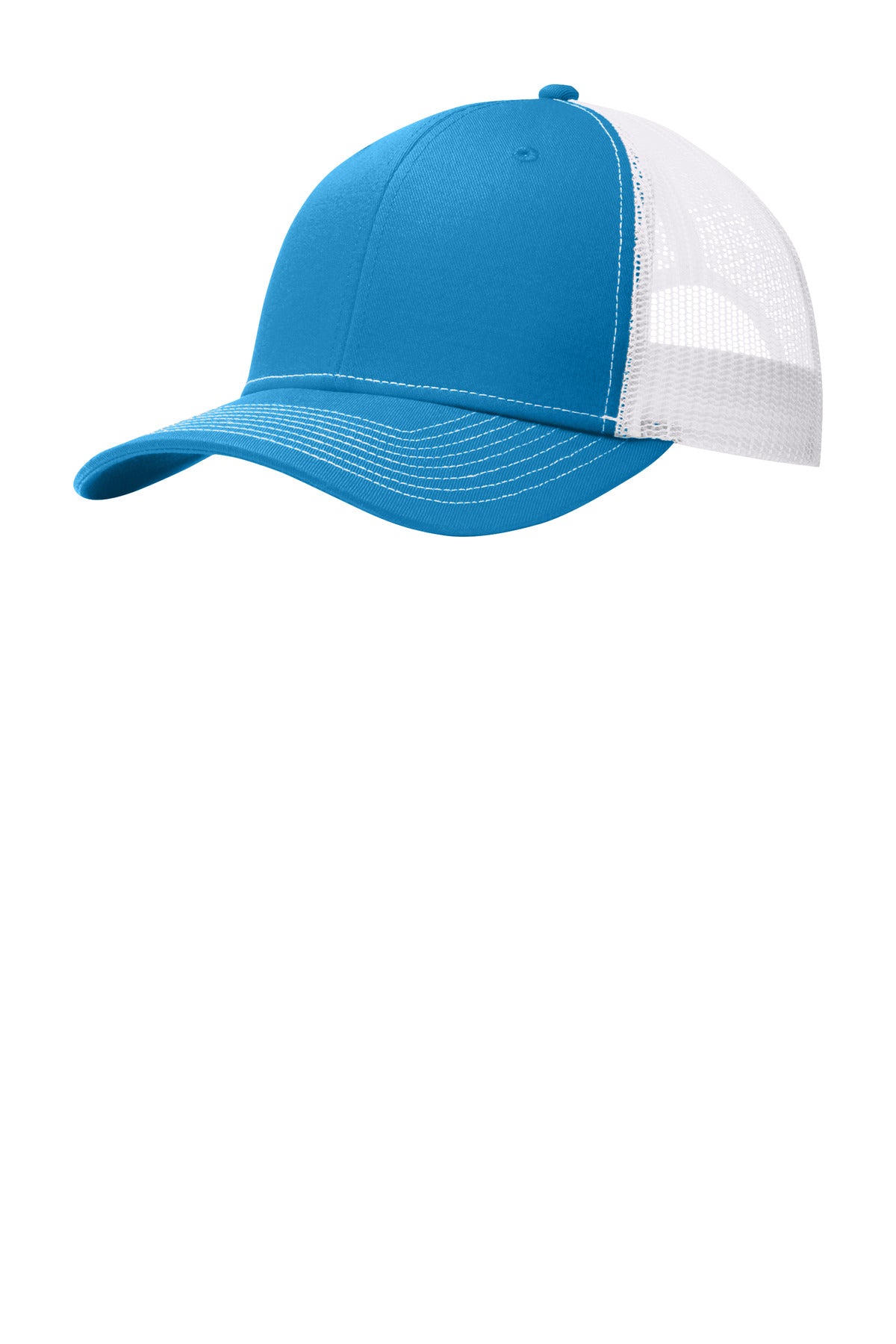 Port Authority snapback trucker cap in parcel blue and white, flat brim, adjustable snap closure, casual style.