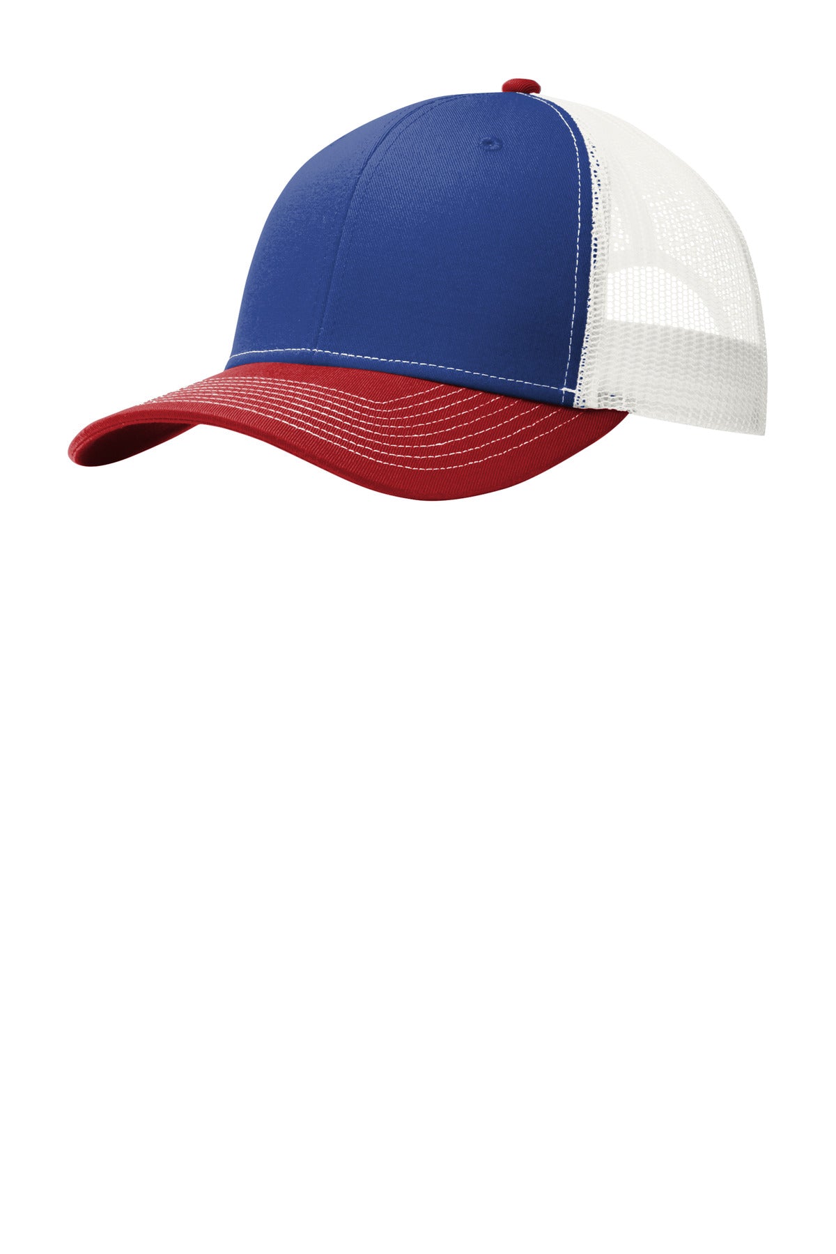 Port Authority ® snapback trucker cap in patriot blue with red and white flames, flat front design, adjustable snapback closure.