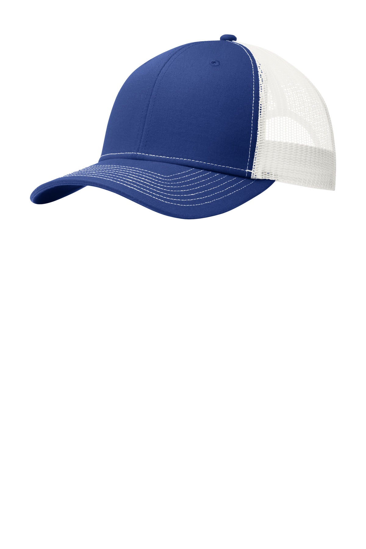 Port Authority snapback trucker cap in patriot blue and white, front view showing adjustable snap closure and mesh back.