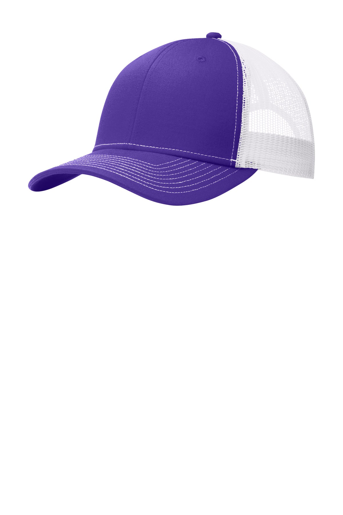 Purple and white Port Authority snapback trucker cap with flat brim, adjustable snap closure, and mesh back panels.