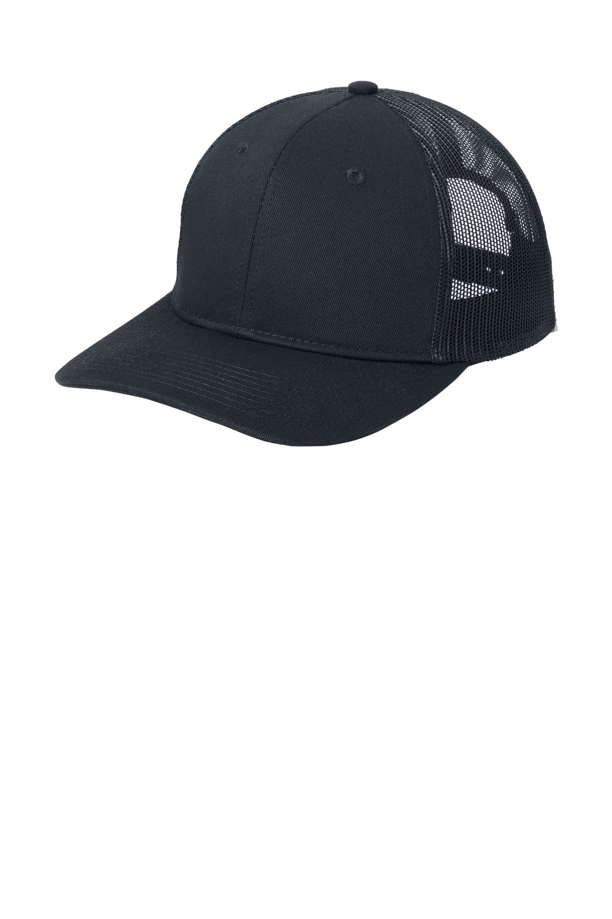 Port Authority® snapback trucker cap in rich navy, showing front view with adjustable snap closure and branded logo on front panel.