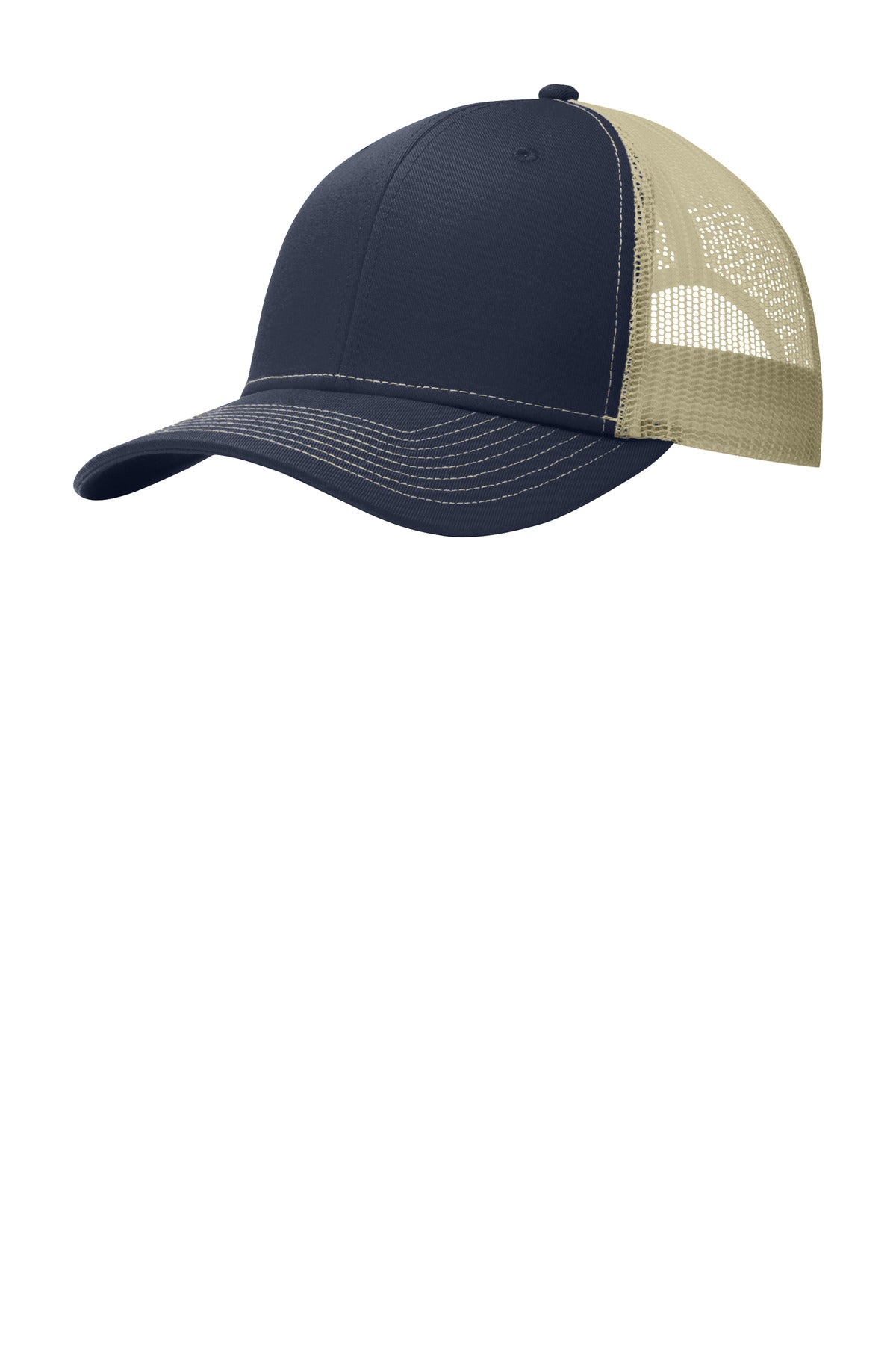 Port Authority® snapback trucker cap in rich navy and true khaki, shown flat from the left side.