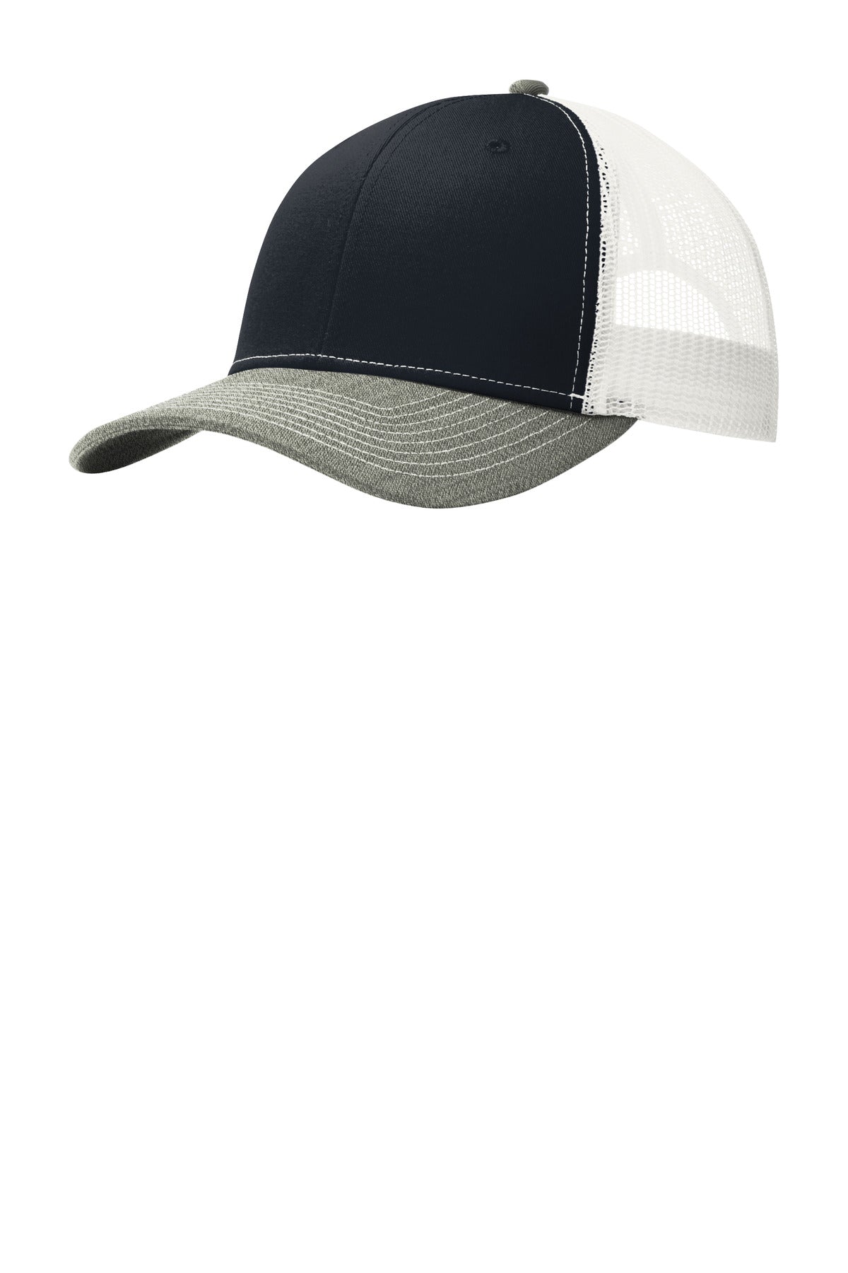 Port Authority snapback trucker cap in rich navy and heather grey with a flat front, adjustable snap closure, and mesh back.