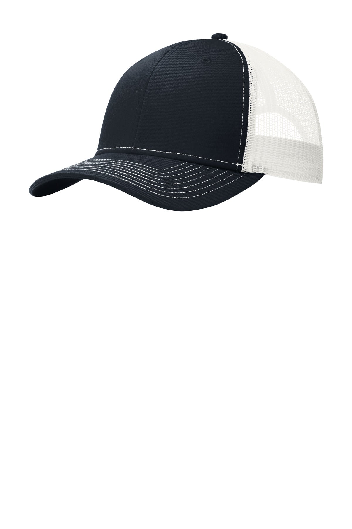 Port Authority® snapback trucker cap in rich navy with white front panel and adjustable brim, casual headwear for everyday style.