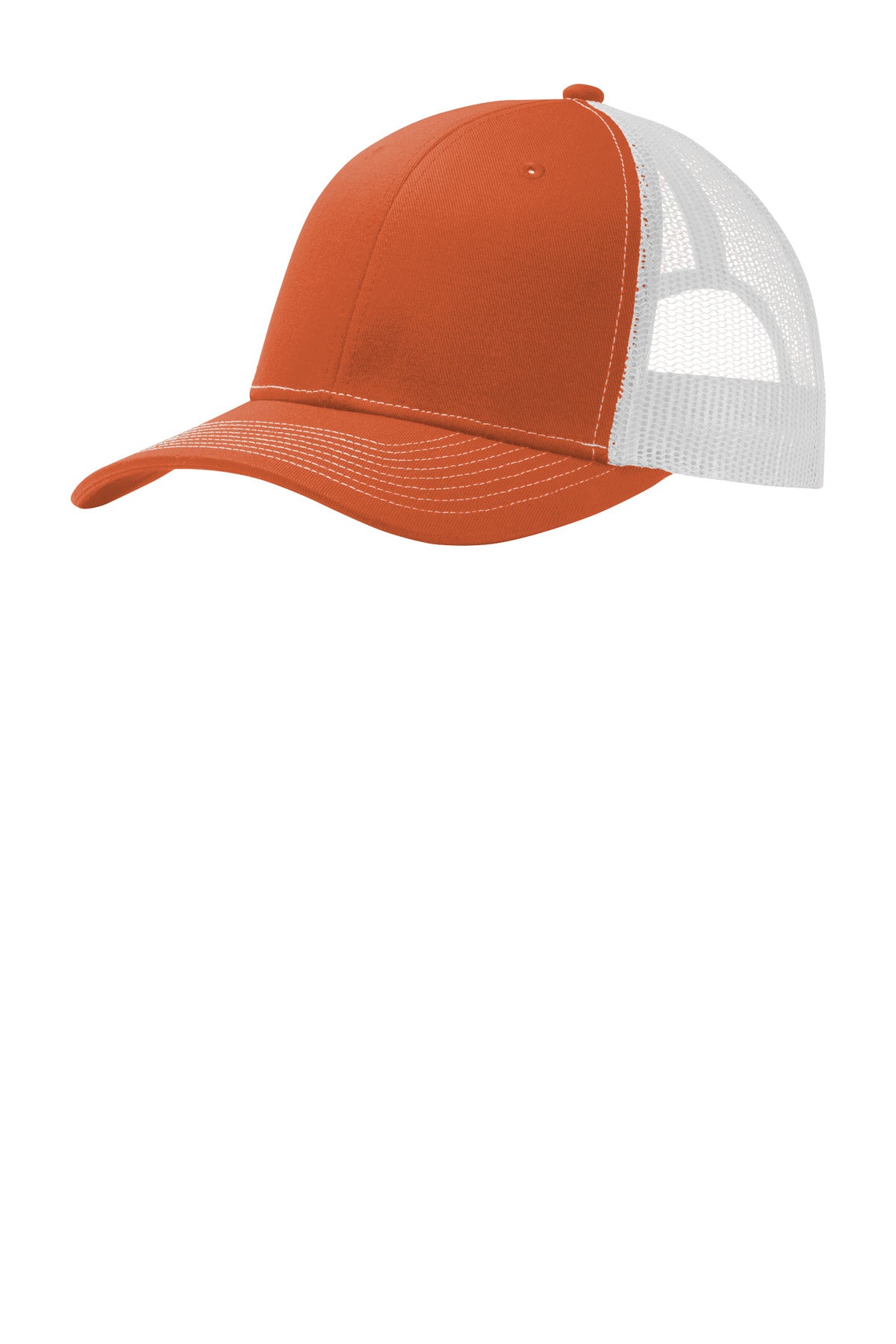 Port Authority snapback trucker cap with white front panel and orange mesh back, featuring adjustable snap closure.