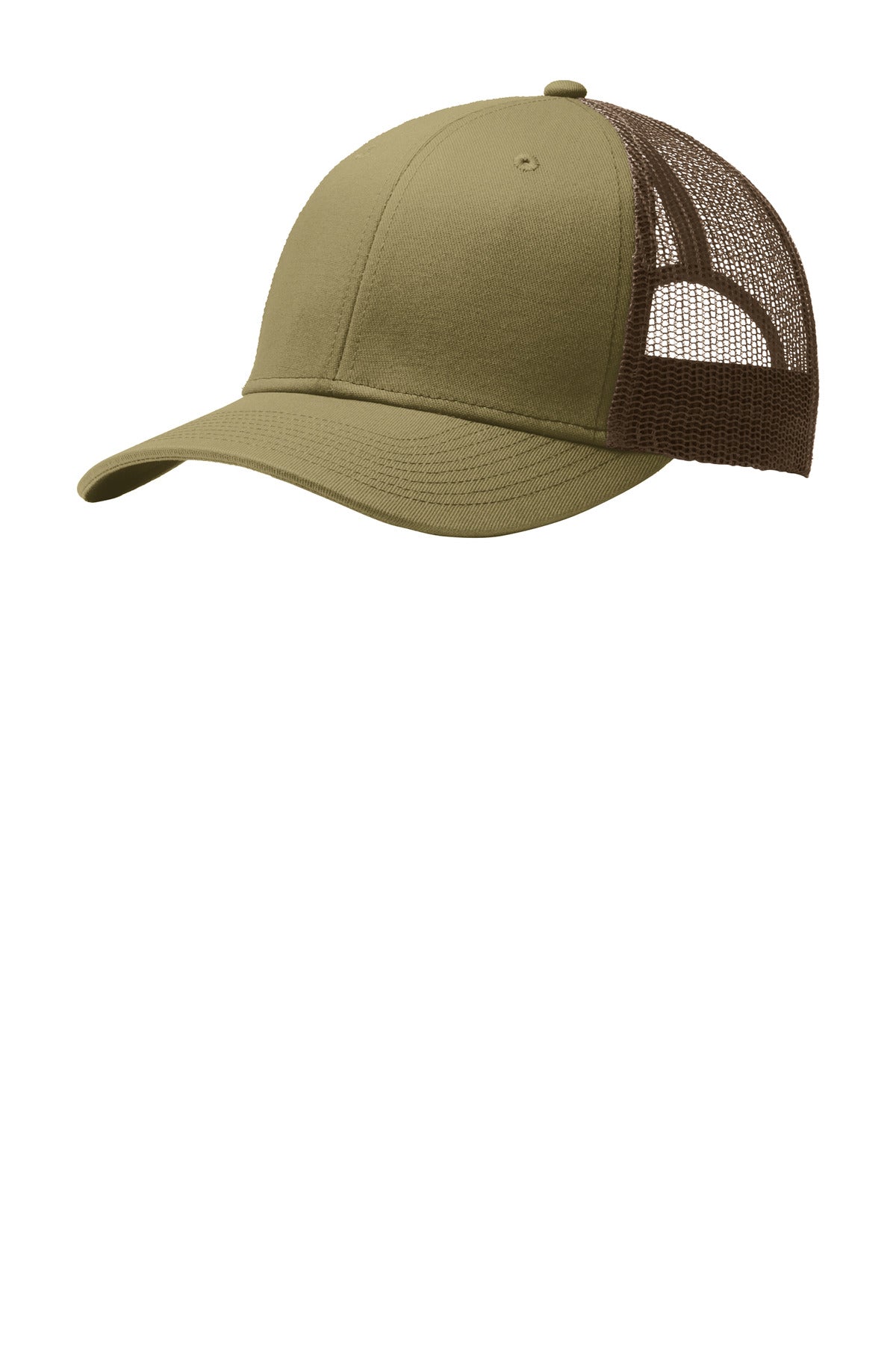 Port Authority snapback trucker cap in true khaki coffee color, front view showing adjustable snap closure and structured brim.
