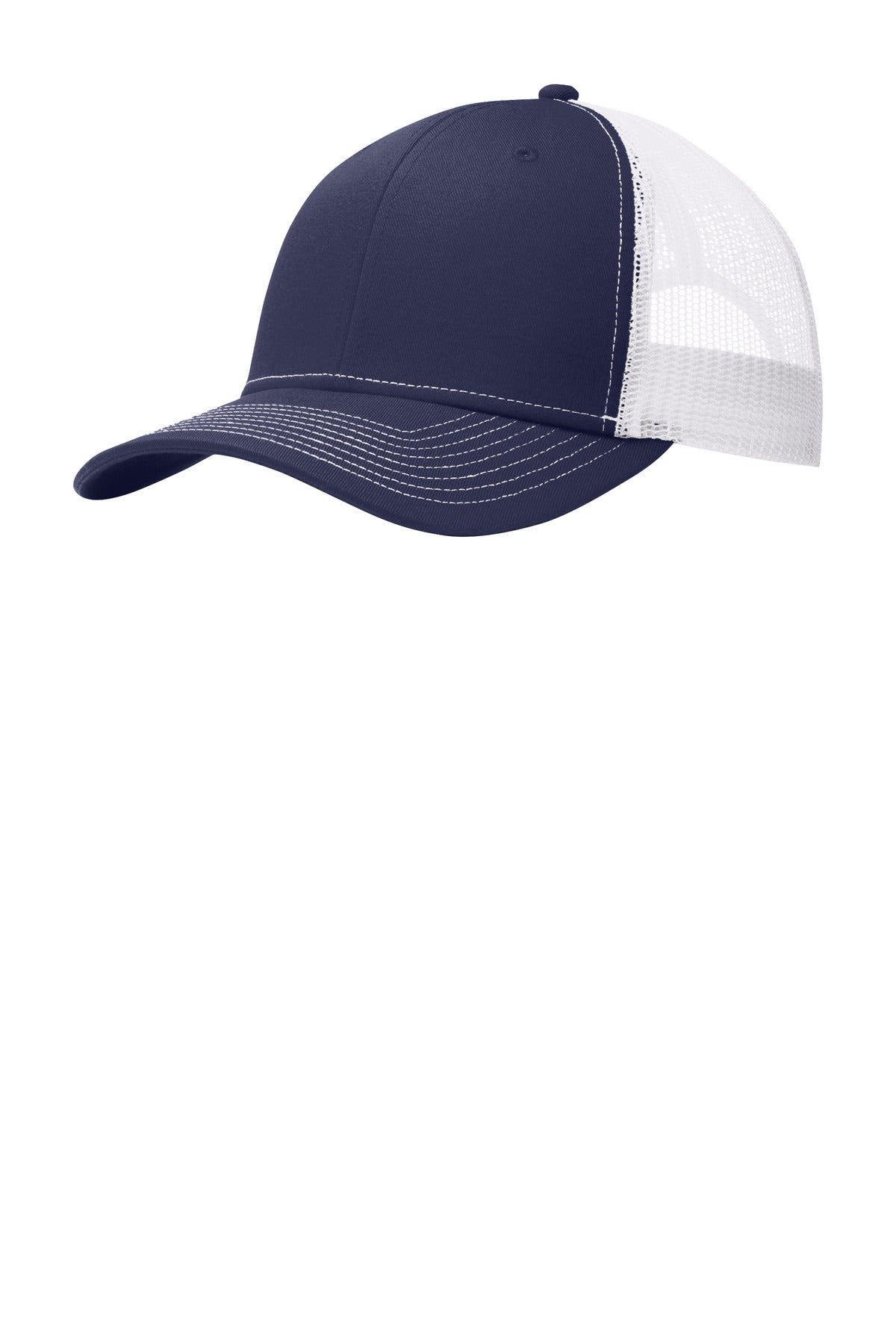 Port Authority snapback trucker cap in true navy and white with flat brim, front panel detail, and adjustable snap closure.