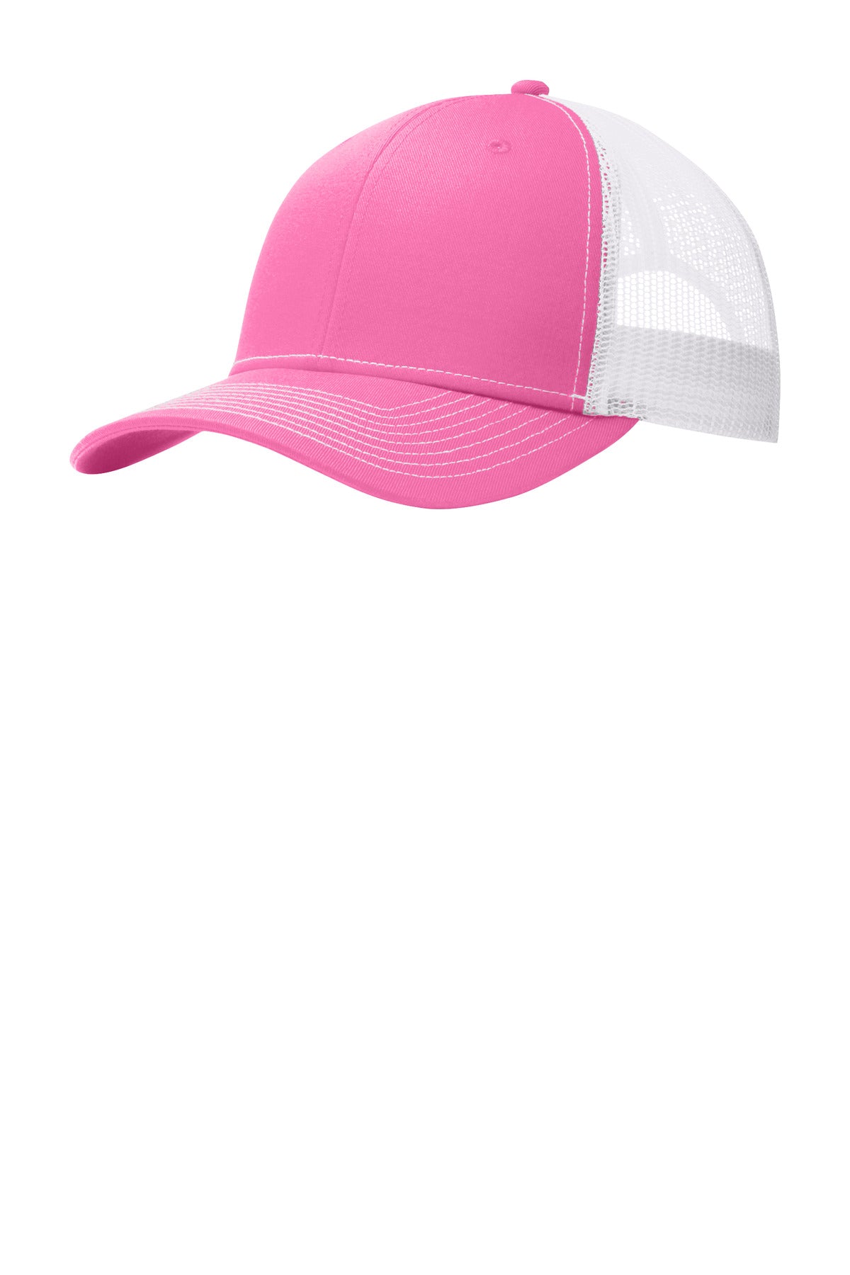 Port Authority snapback trucker cap in true pink with white front panel, flat brim, and adjustable snap closure.