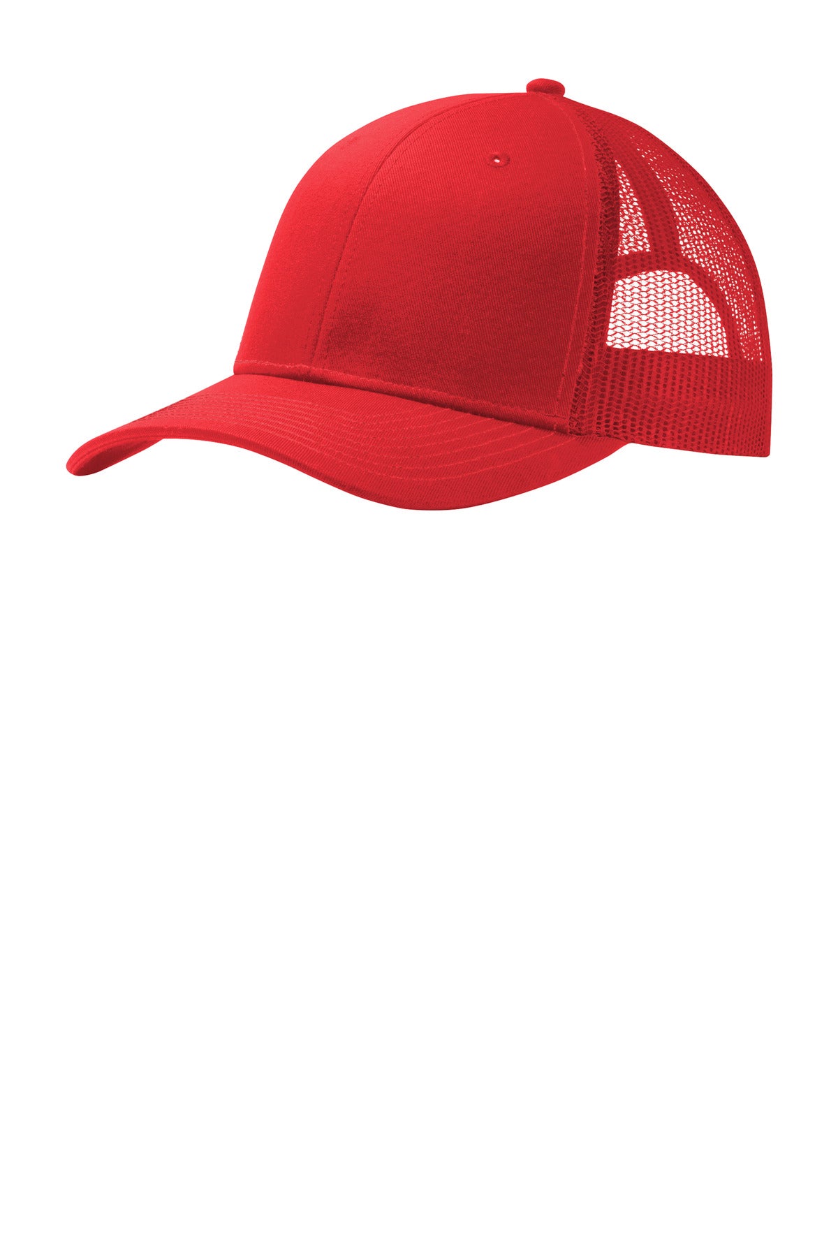 Red Port Authority snapback trucker cap with flat front panel and adjustable snap closure, stylish and casual headwear.