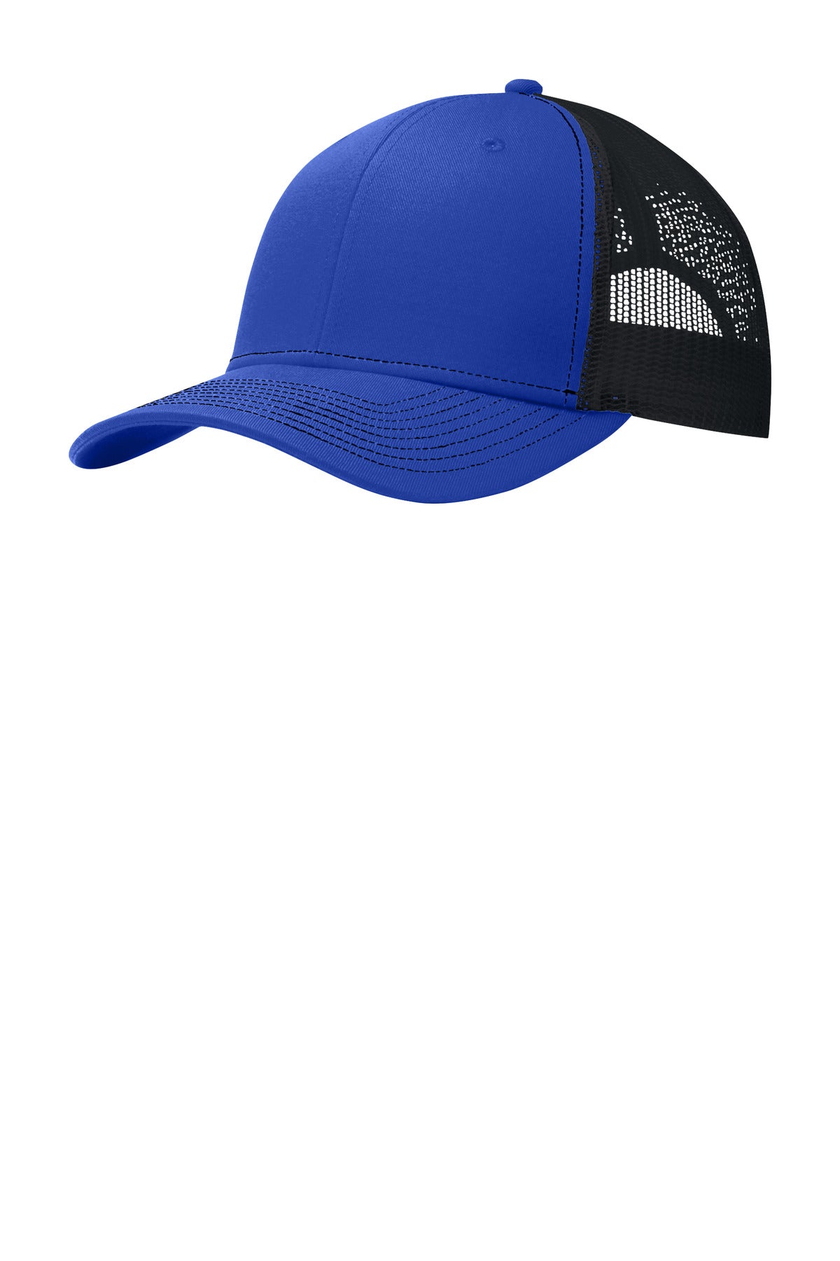 Port Authority snapback trucker cap in true royal blue and black, featuring a flat brim and structured crown.