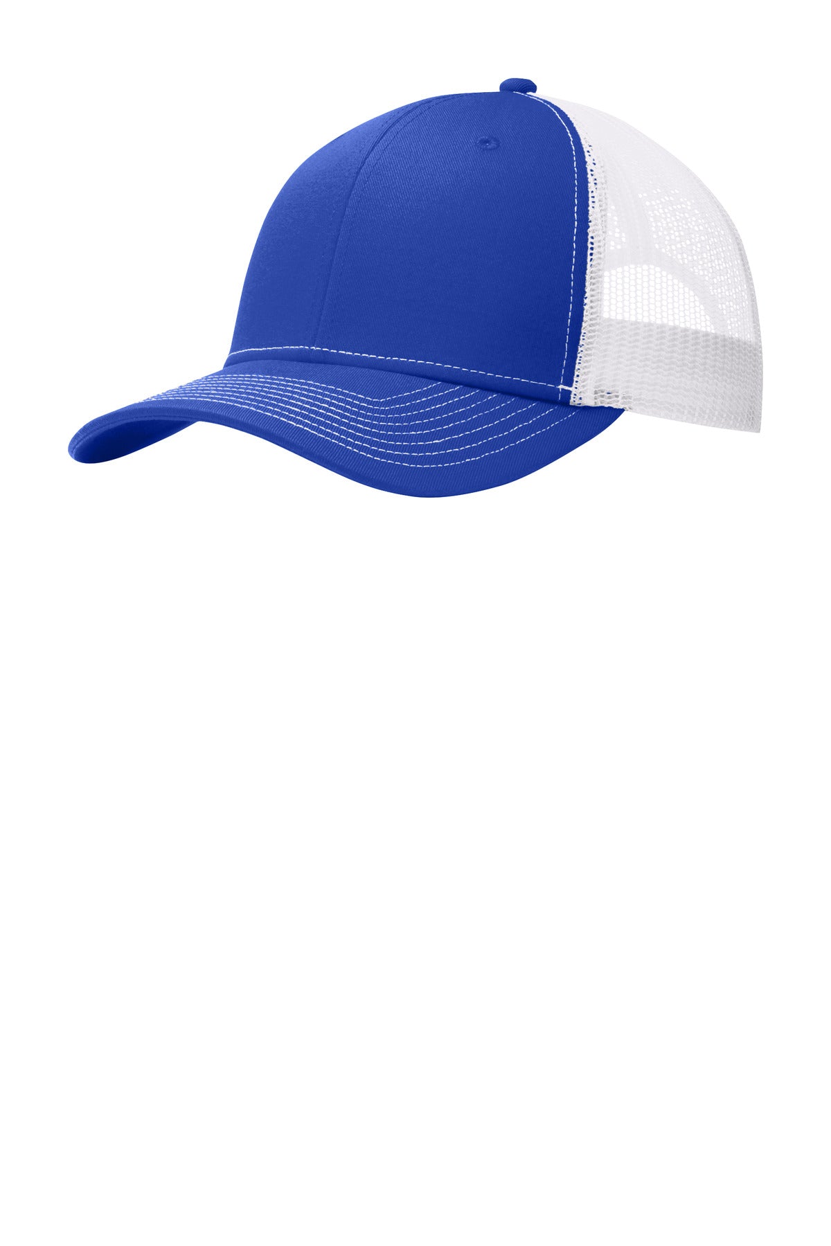 Port Authority ® snapback trucker cap in true royal white, flat brim, adjustable snap closure, front panel logo embroidery.