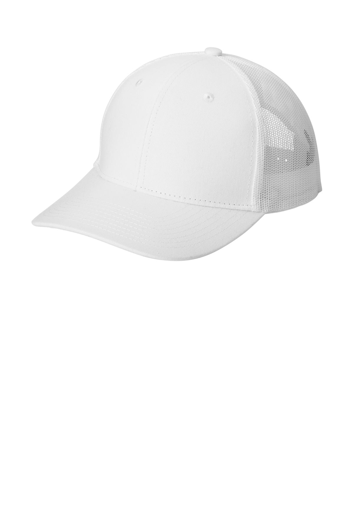 White Port Authority snapback trucker cap with structured front and mesh back, displayed from the left side.