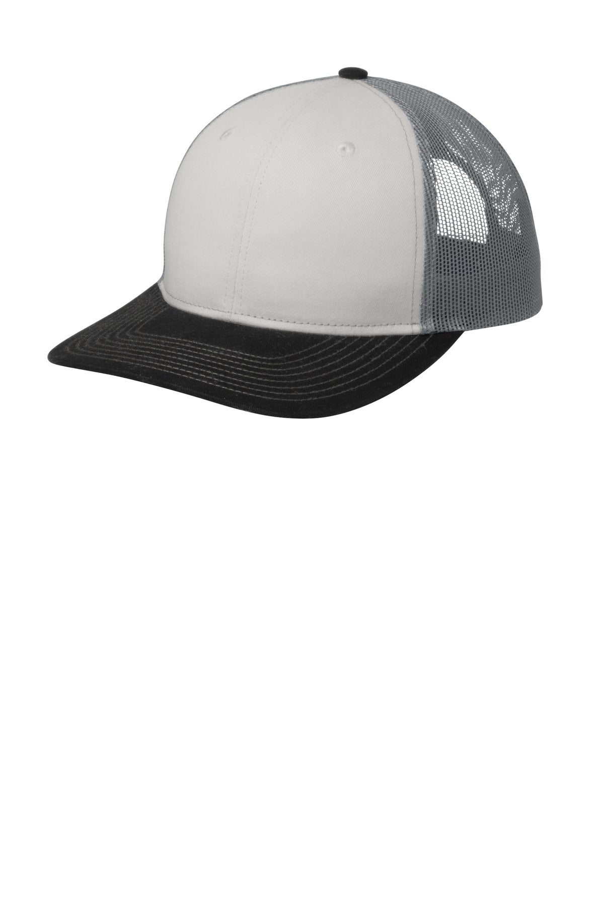 White and black Port Authority ® snapback trucker cap with gusty grey front panel, flat brim, and adjustable snap closure.