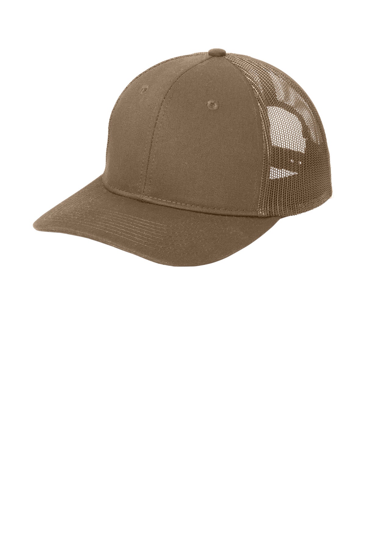Port Authority ® Snapback Trucker Cap in woodland brown, showing the front view with adjustable snapback closure.