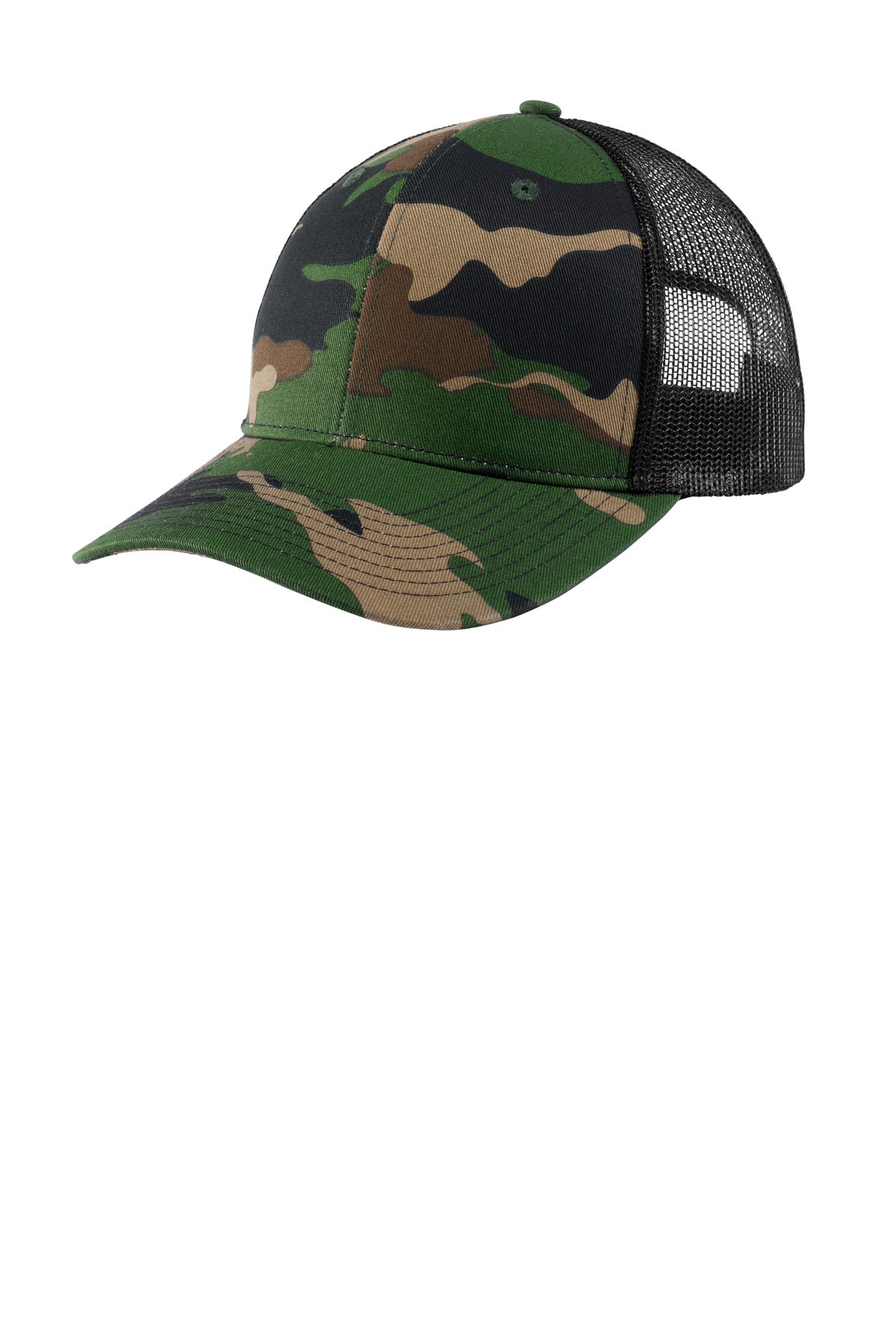 Port Authority snapback trucker cap in woodland camouflage with black front panel and adjustable flat brim.