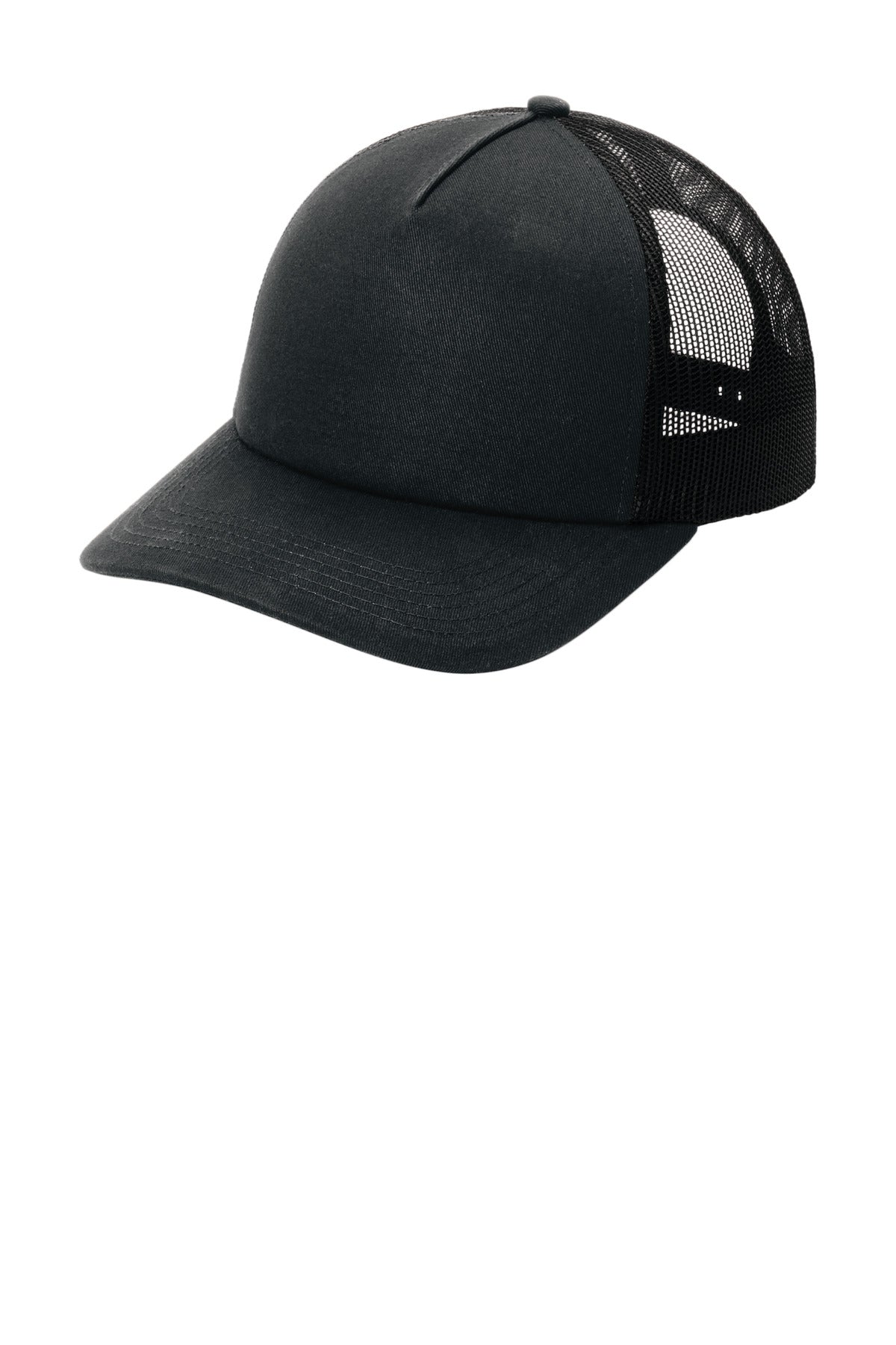 Black Port Authority Low-Profile Snapback 5-Panel Trucker Cap with curved brim, shown from the left side.
